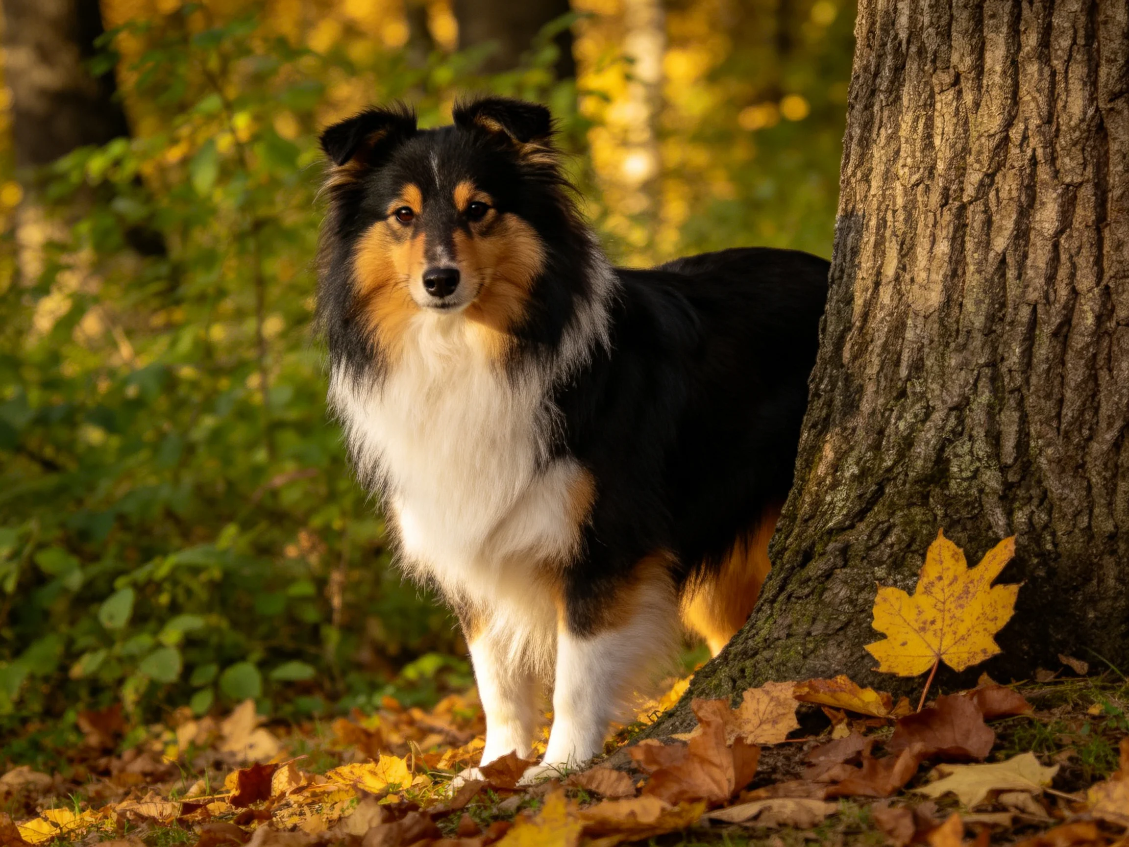A tricolor Sheltie stands near a large tree in an autumn forest
