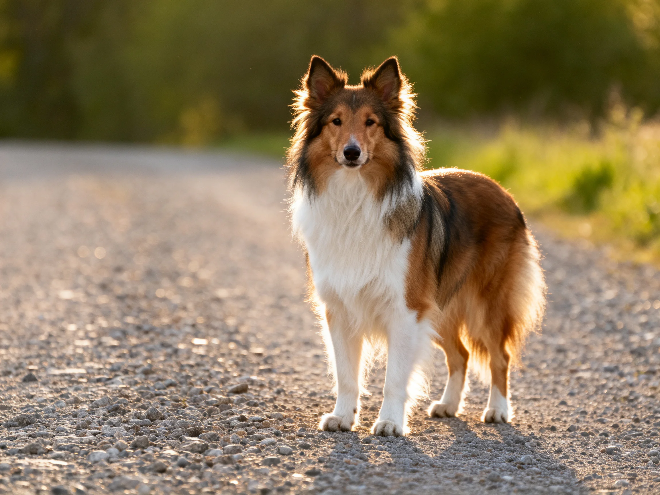 A tricolor Sheltie stands on a gravel road surrounded by greenery.