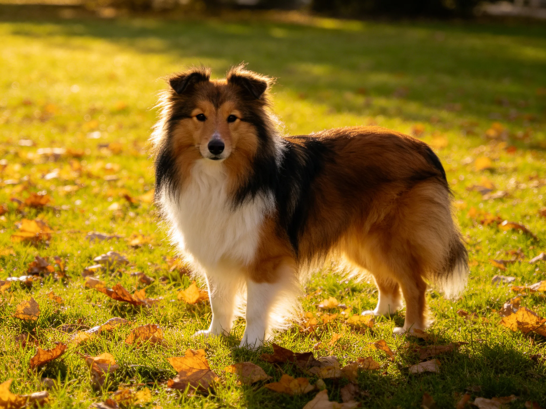 A tricolor Sheltie stands on sunlit grass amid scattered autumn leaves