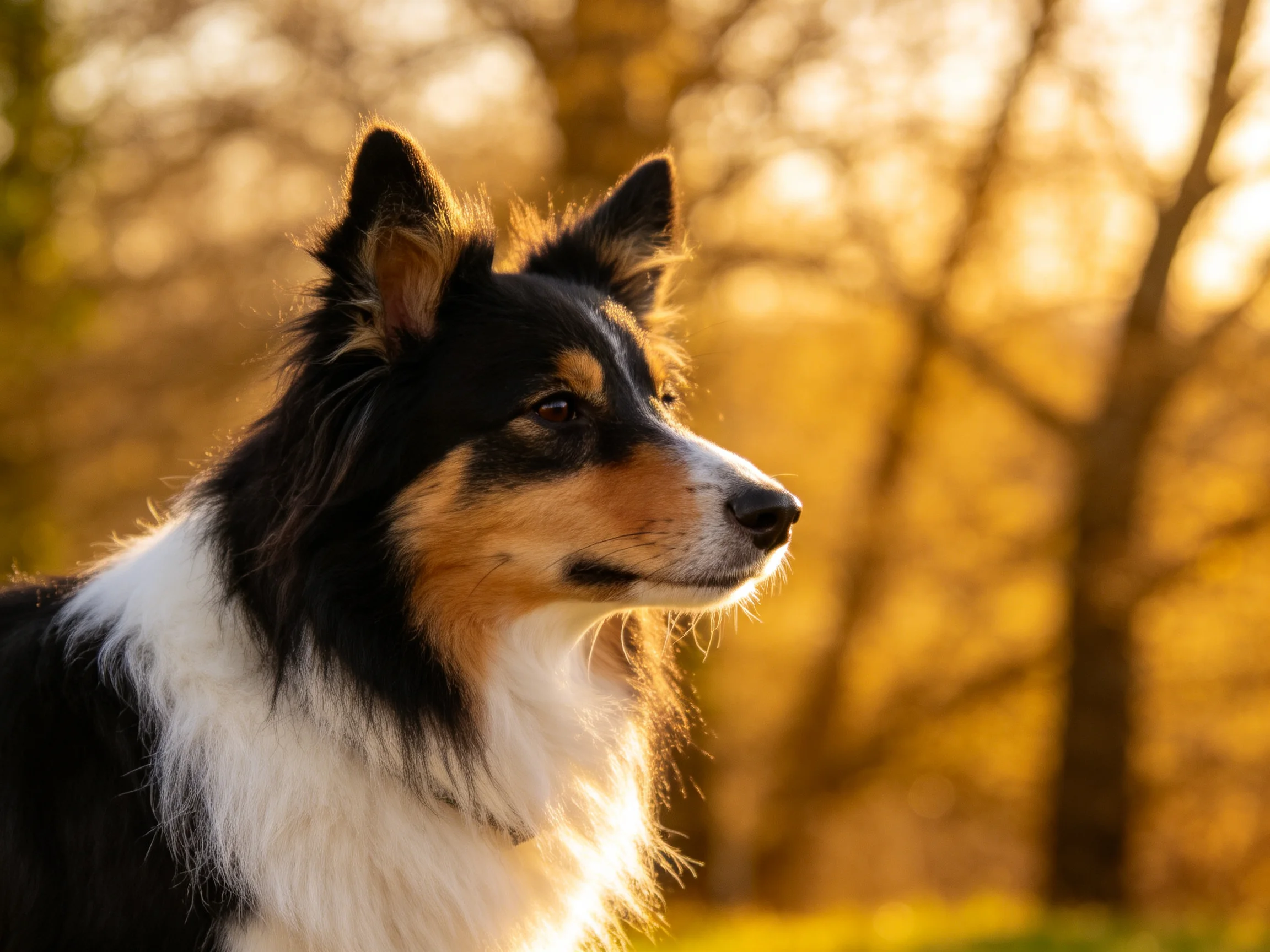 A tricolor Sheltie stands out against golden autumn trees