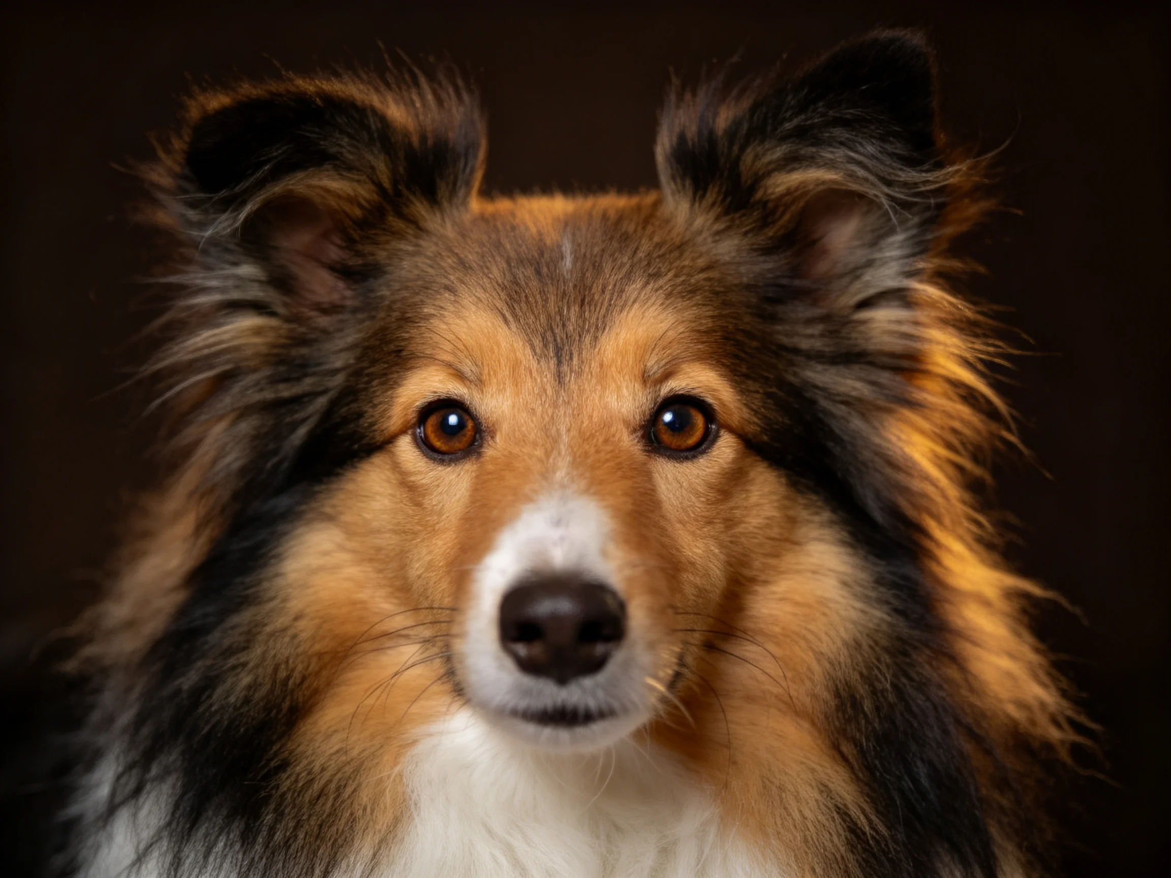 A tricolor Sheltie with long, shaggy fur and warm eyes