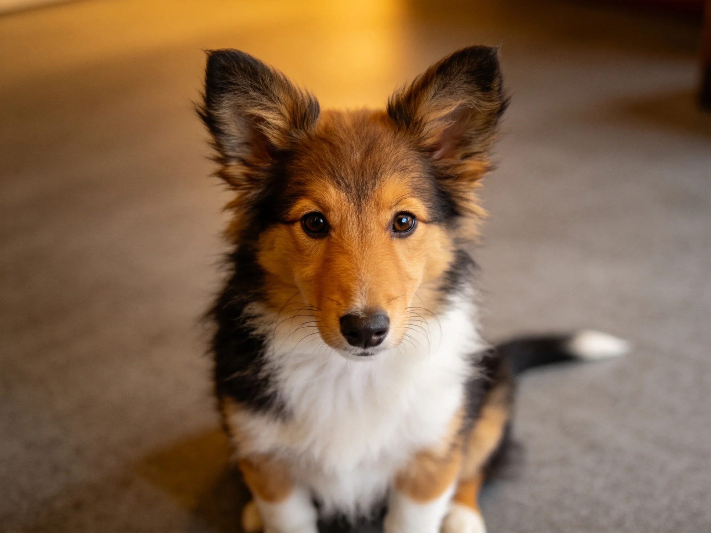 A tricolor Shetland Sheepdog puppy sits on a carpet