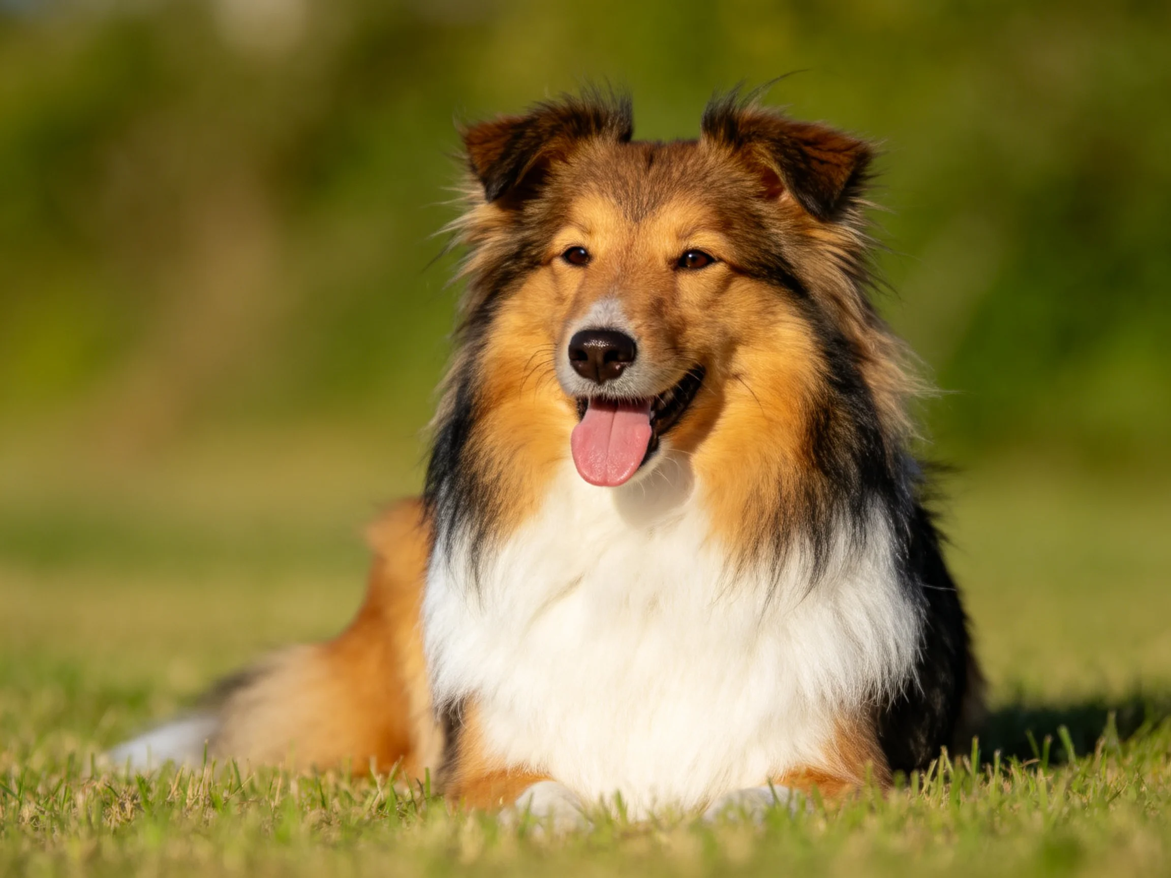 A tricolor Shetland Sheepdog rests on sunlit grass