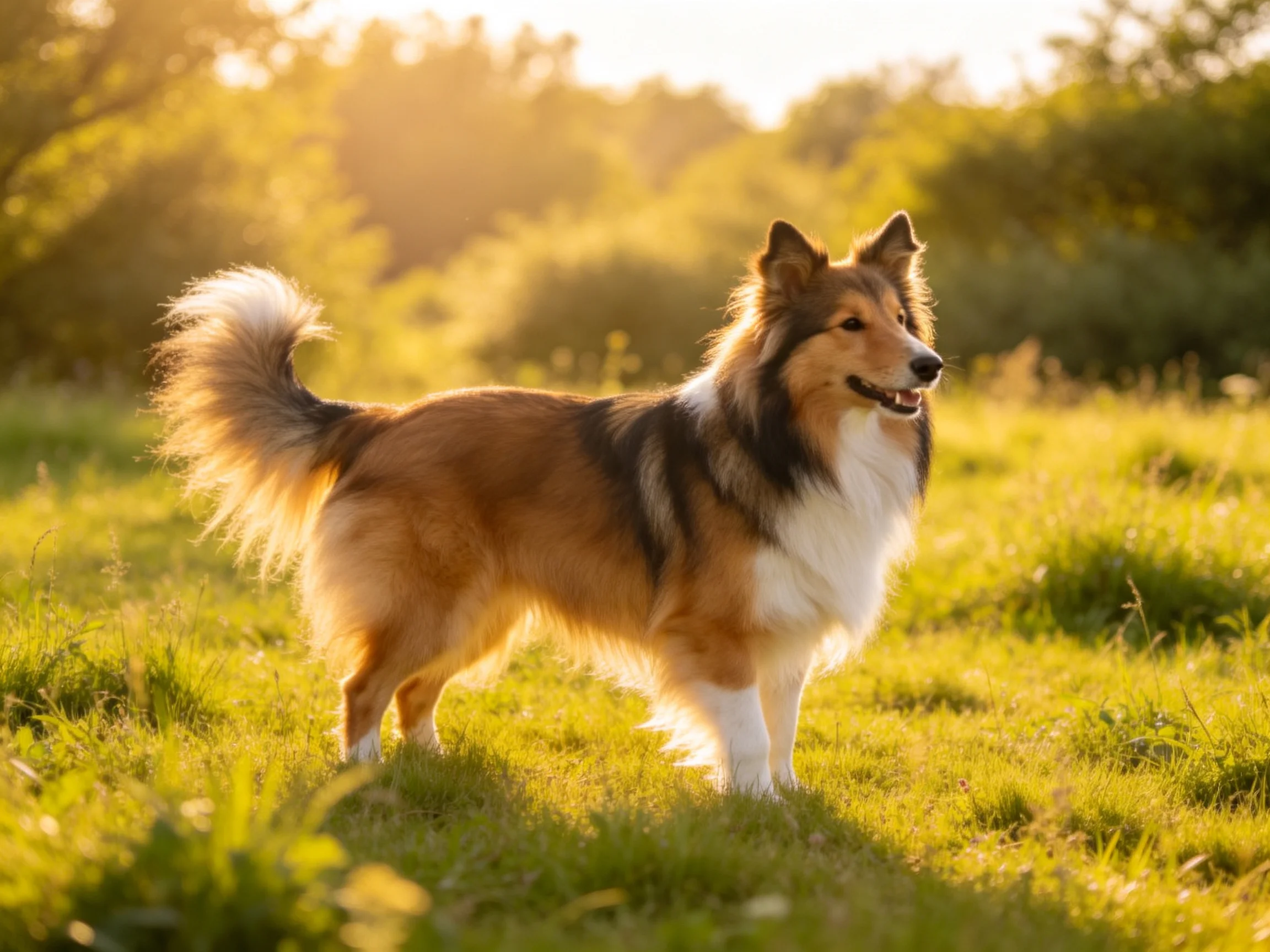 A tricolor Shetland Sheepdog stands in a sunlit grassy field