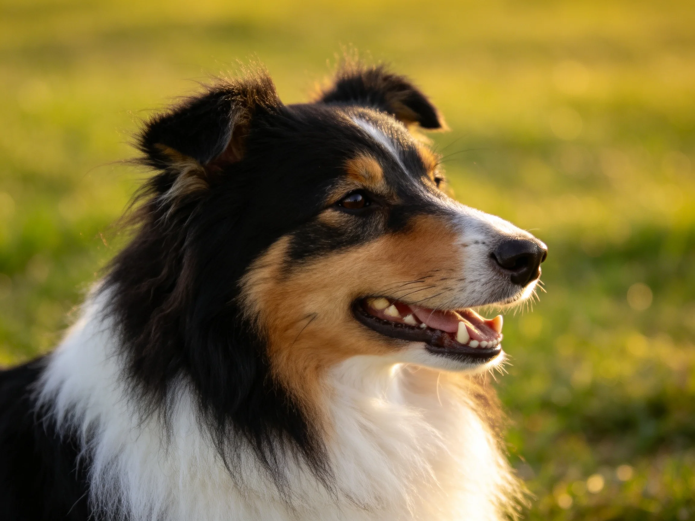A tricolor Shetland Sheepdog with black, white, and tan fur in a sunlit meadow