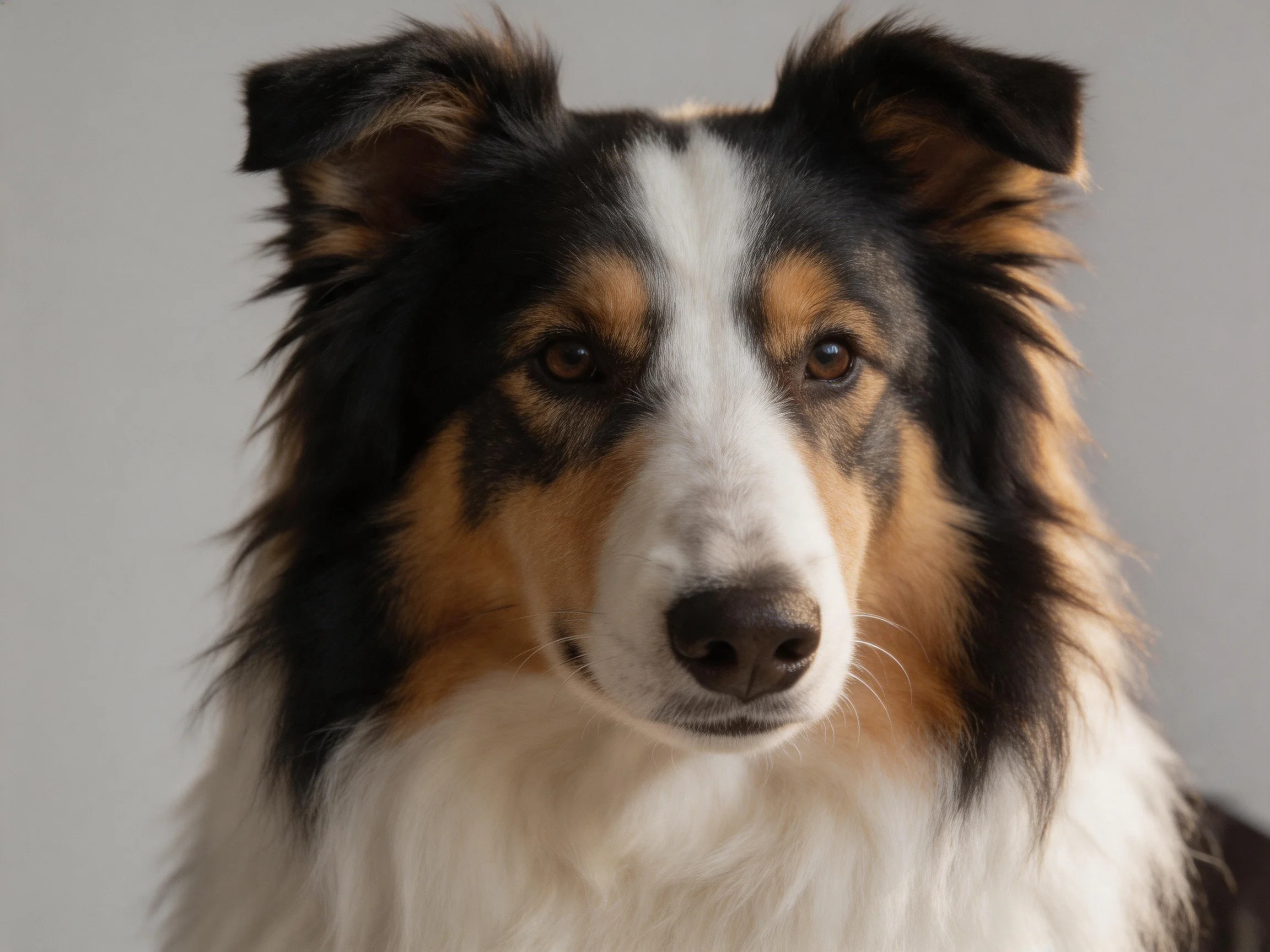 A tricolor Shetland sheepdog with black, white, and tan fur