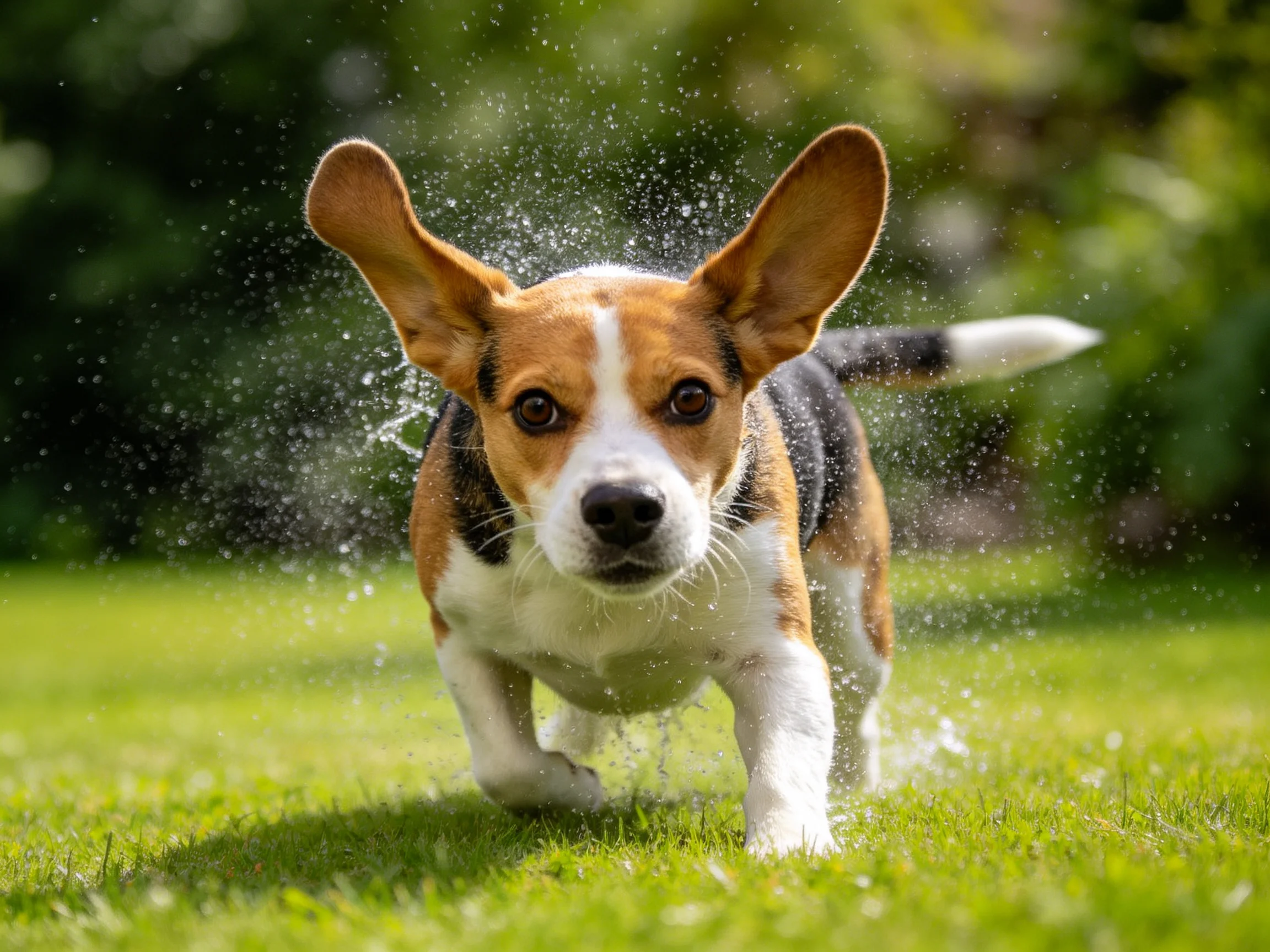 A tricolor beagle dashes through water on a sunny lawn