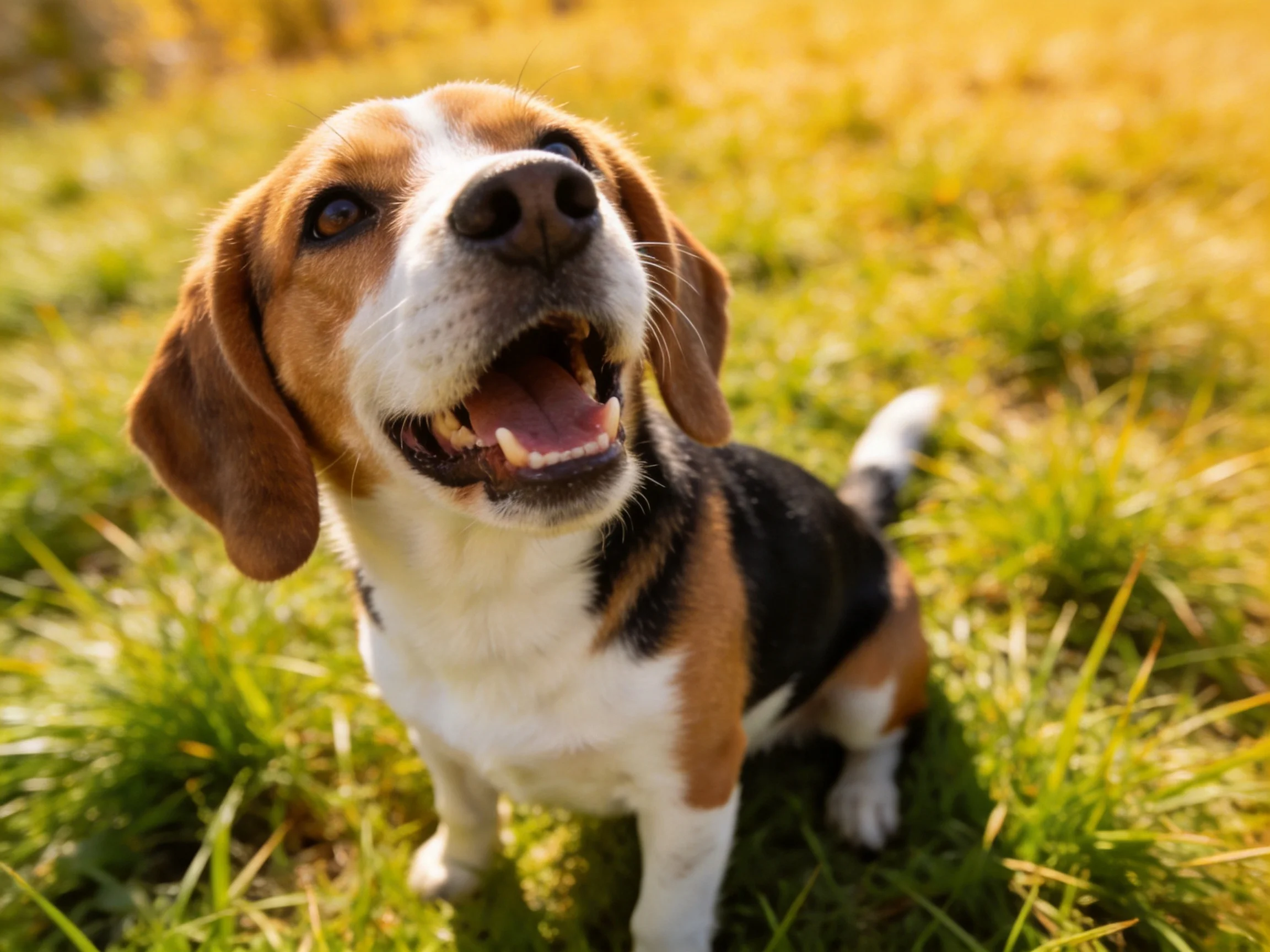 A tricolor beagle enjoys sunny grassy surroundings