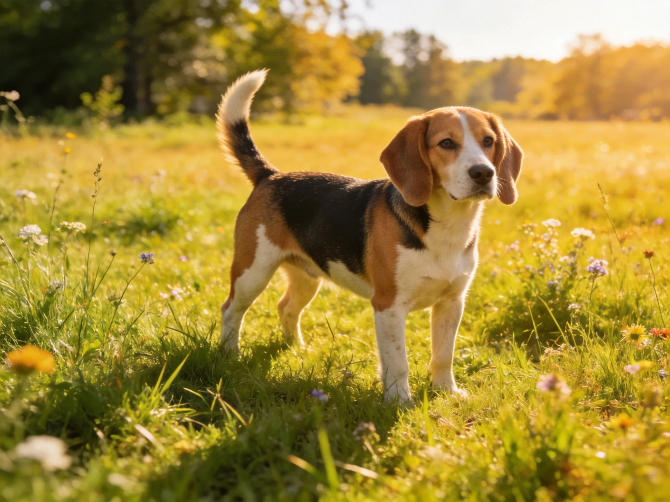A tricolor beagle explores a sun-drenched wildflower meadow