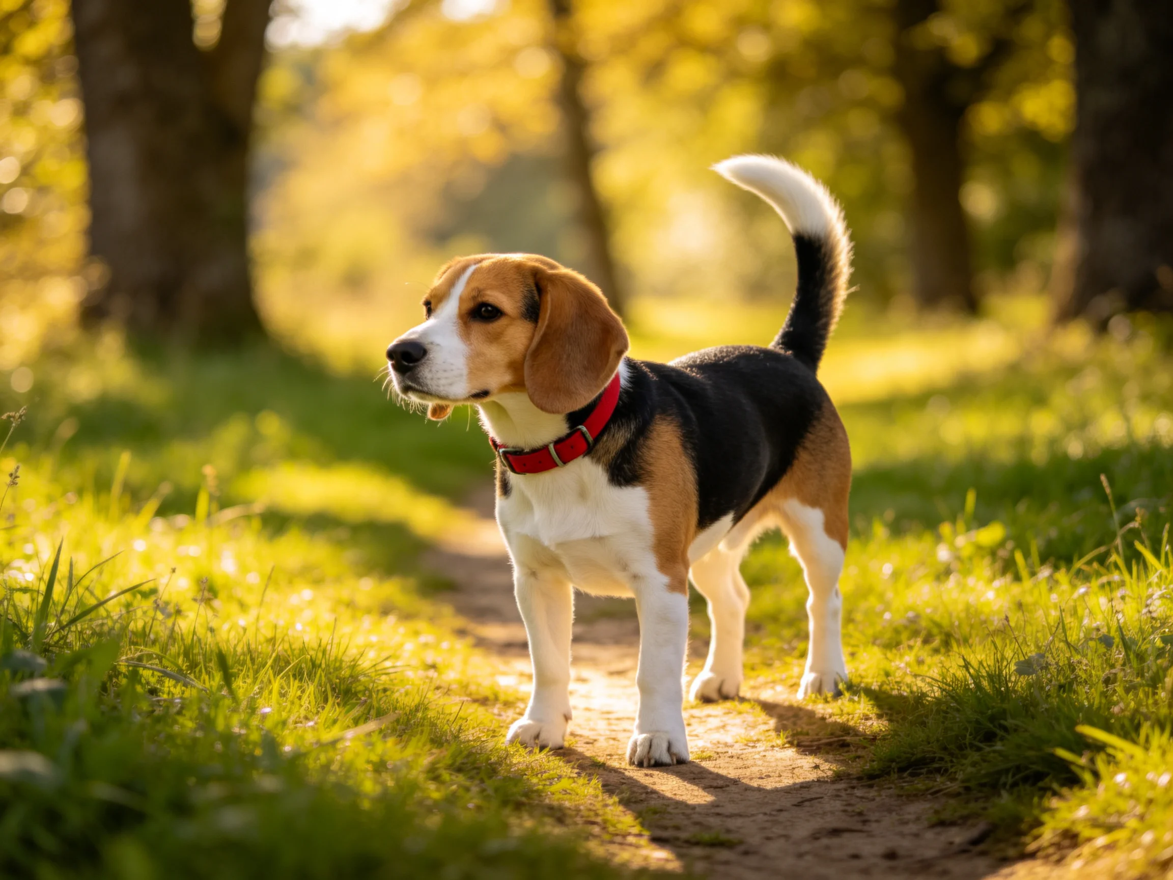 A tricolor beagle explores a sunlit forest path