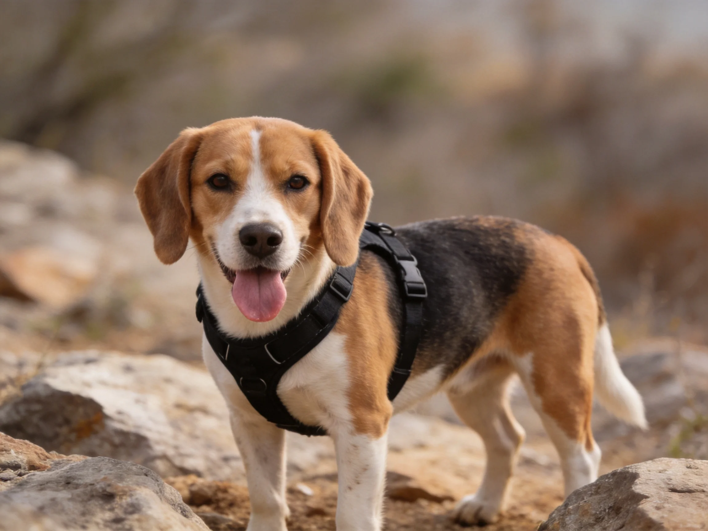 A tricolor beagle in a black harness stands among rocky terrain