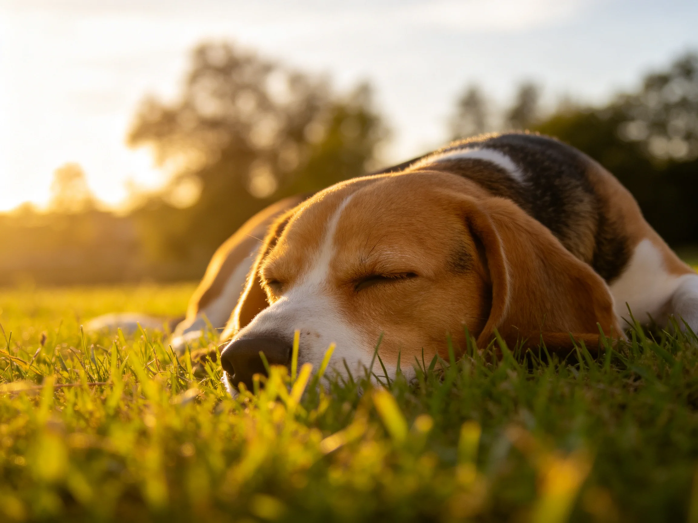 A tricolor beagle naps on lush green grass during golden hour