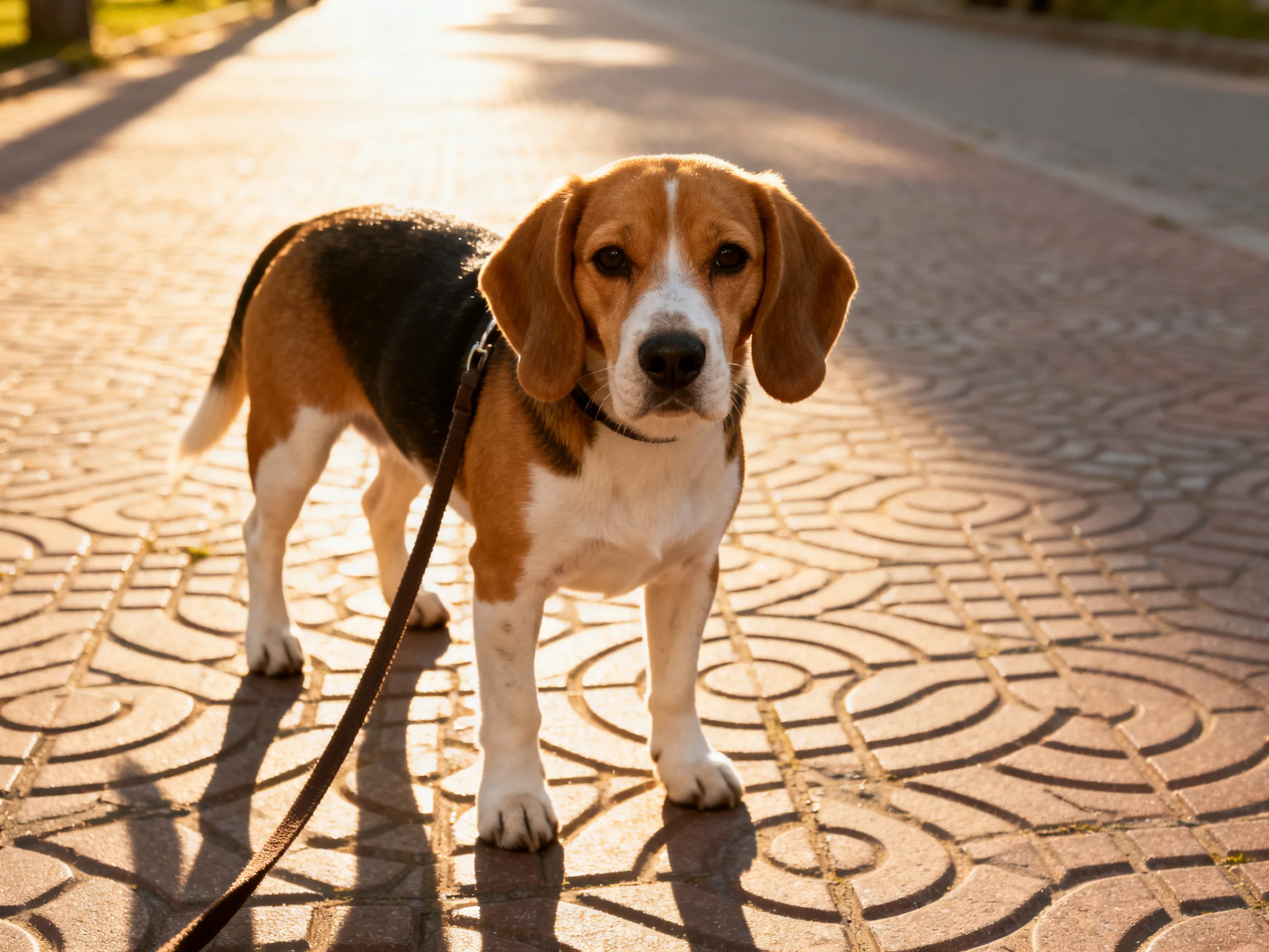 A tricolor beagle on a patterned brick pathway with a leash