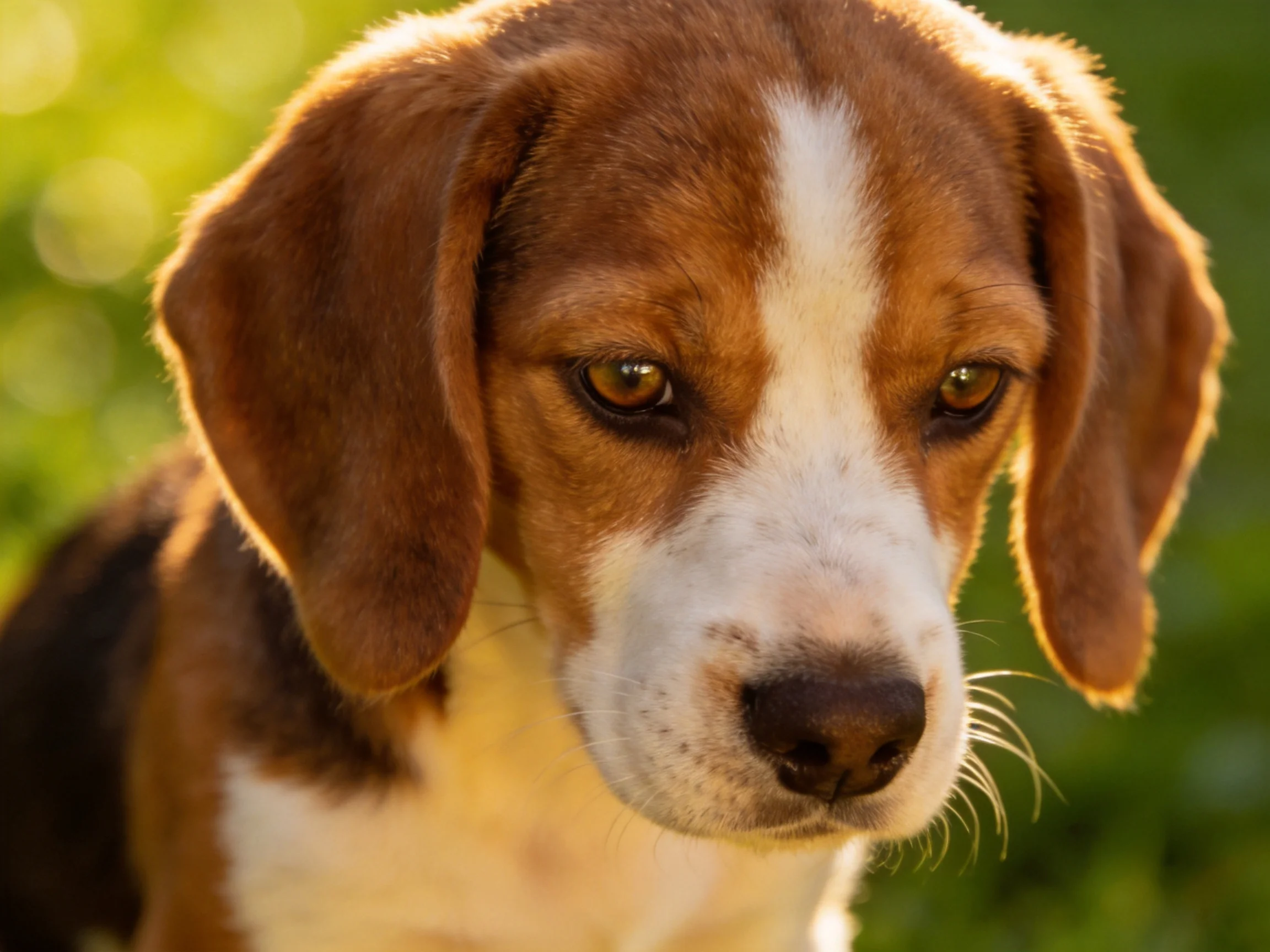 A tricolor beagle puppy appears calm in a sunlit outdoor setting