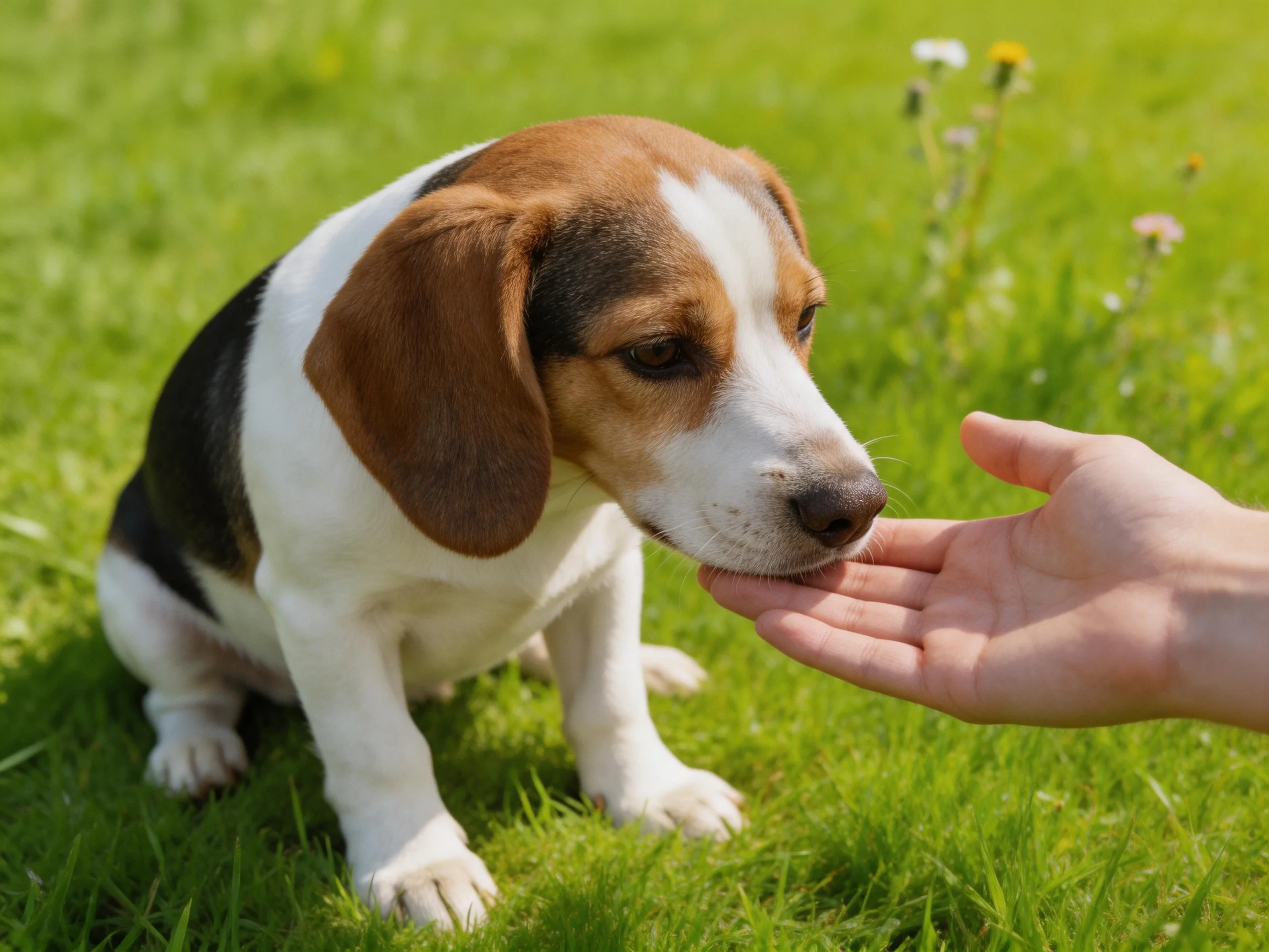 A tricolor beagle puppy interacting with a human hand on green grass
