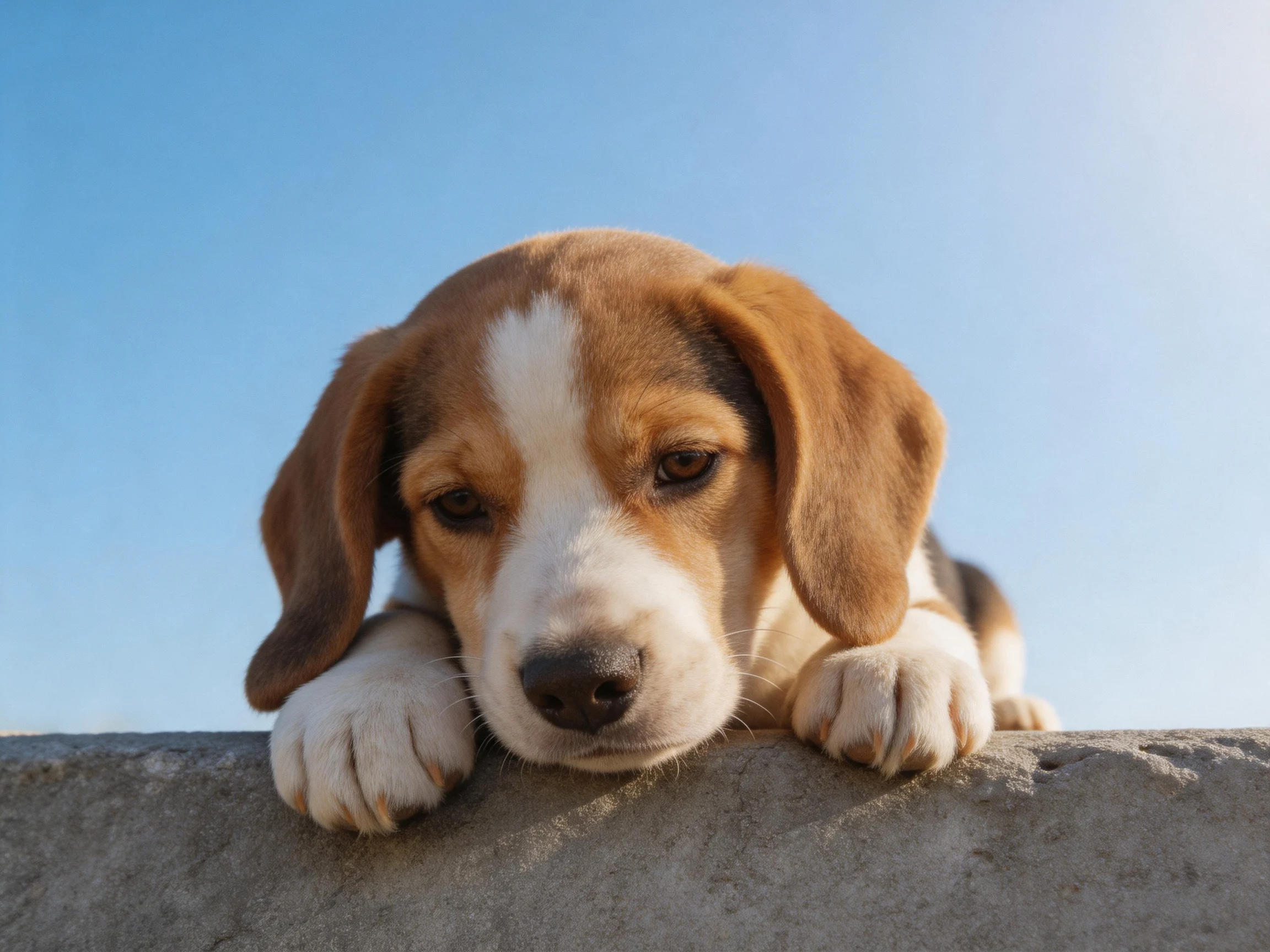 A tricolor beagle puppy rests on a concrete ledge beneath a bright blue sky.