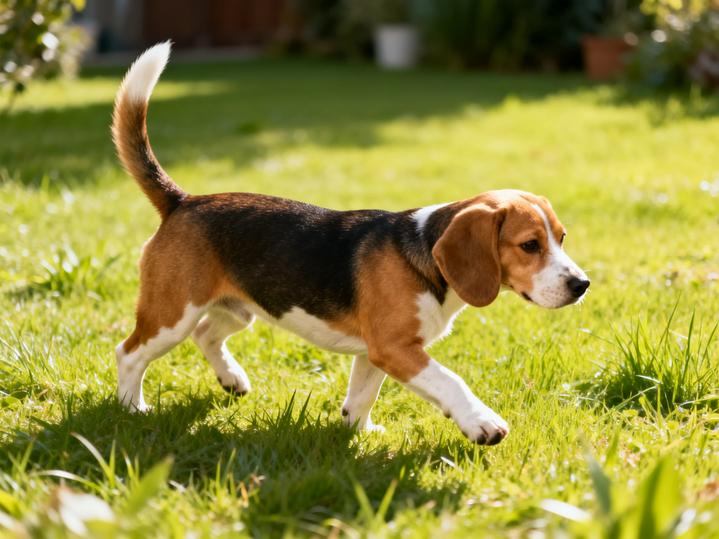 A tricolor beagle puppy walks through a sunlit green lawn.