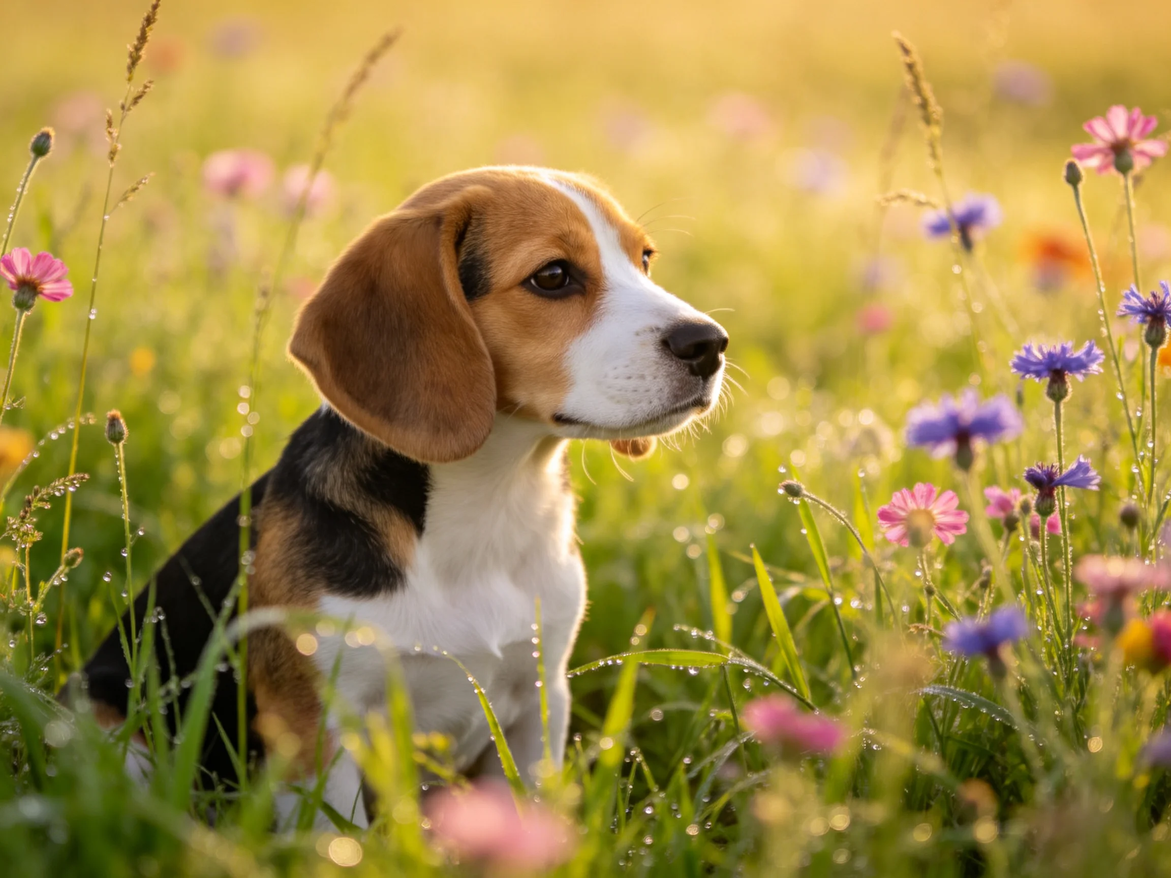 A tricolor beagle puppy sits among vibrant wildflowers in a dewy meadow