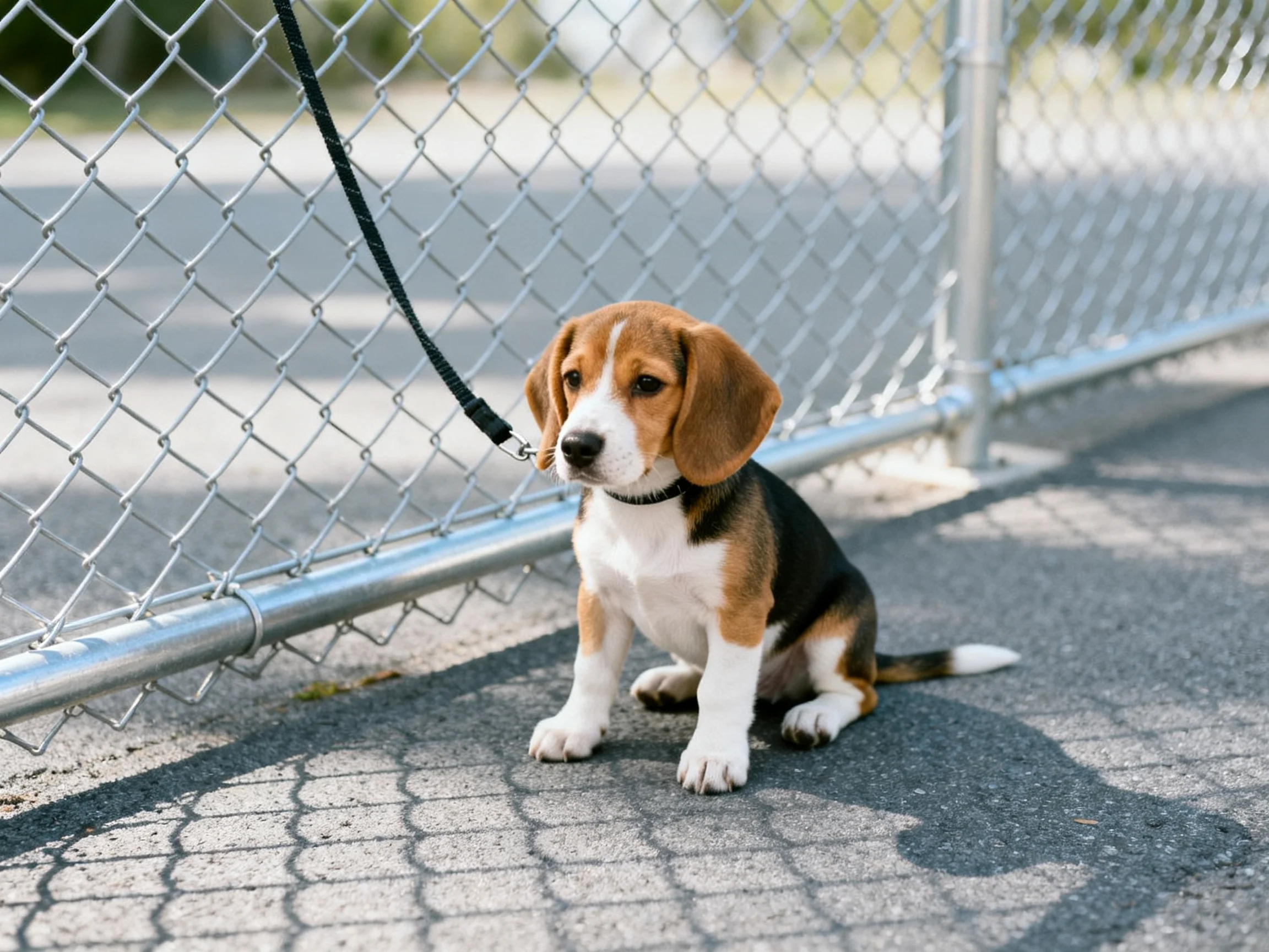 A tricolor beagle puppy sits by a silver chain-link fence with a black leash