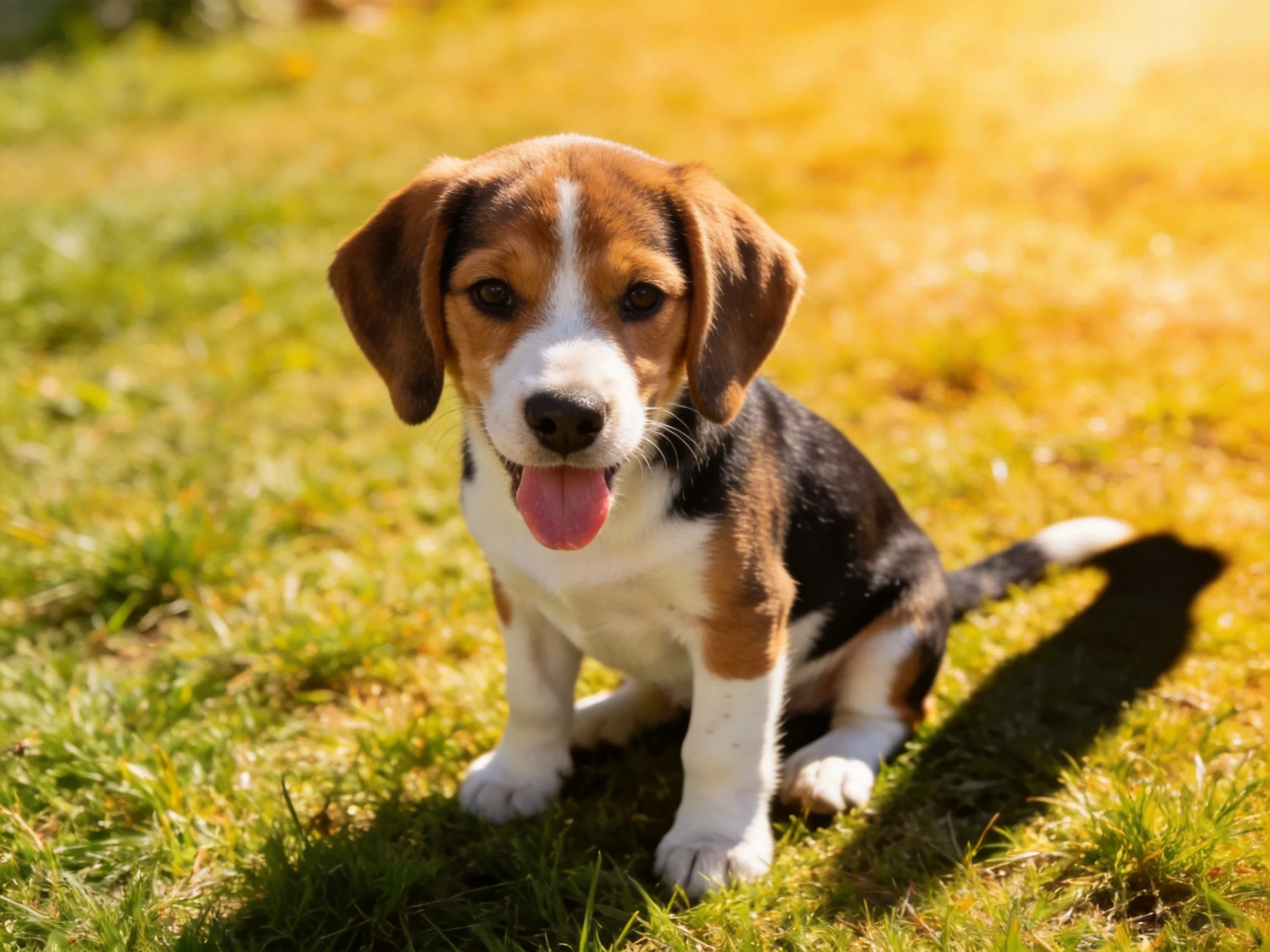 A tricolor beagle puppy sits contentedly on sunlit green grass