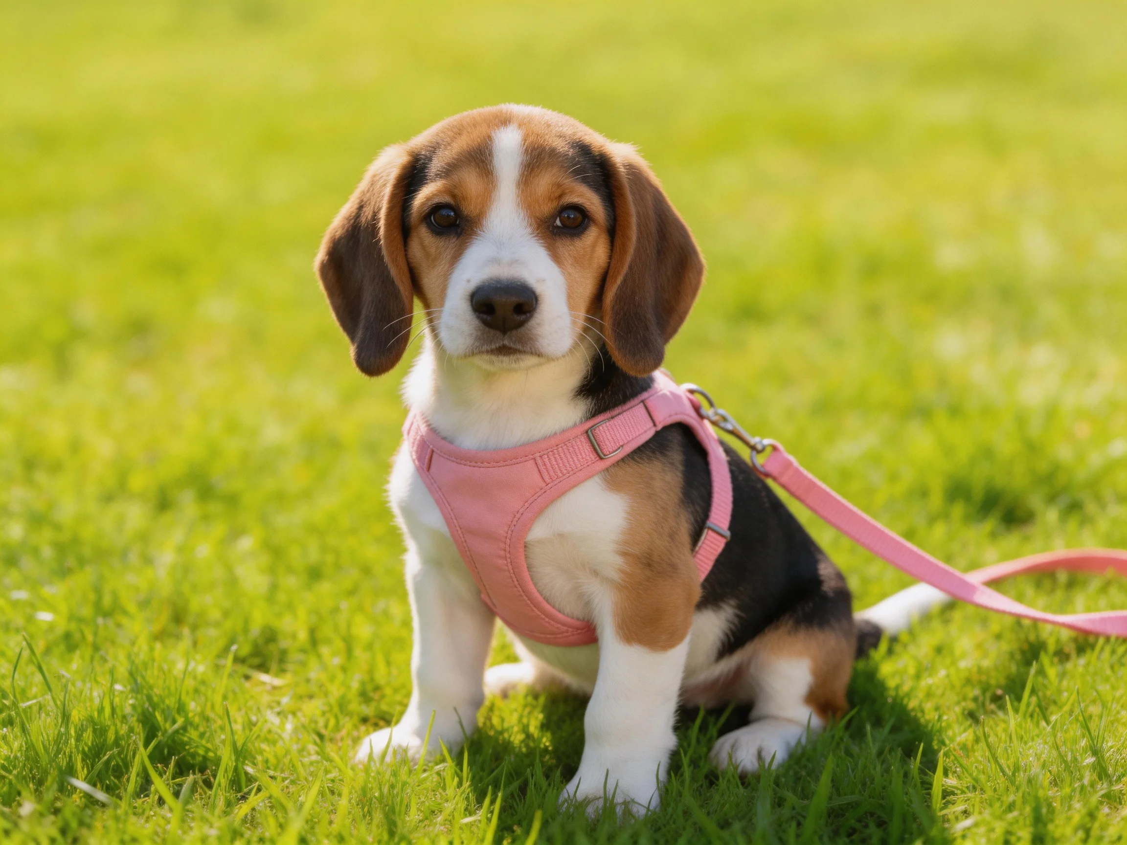A tricolor beagle puppy in a pink harness sits on green grass.