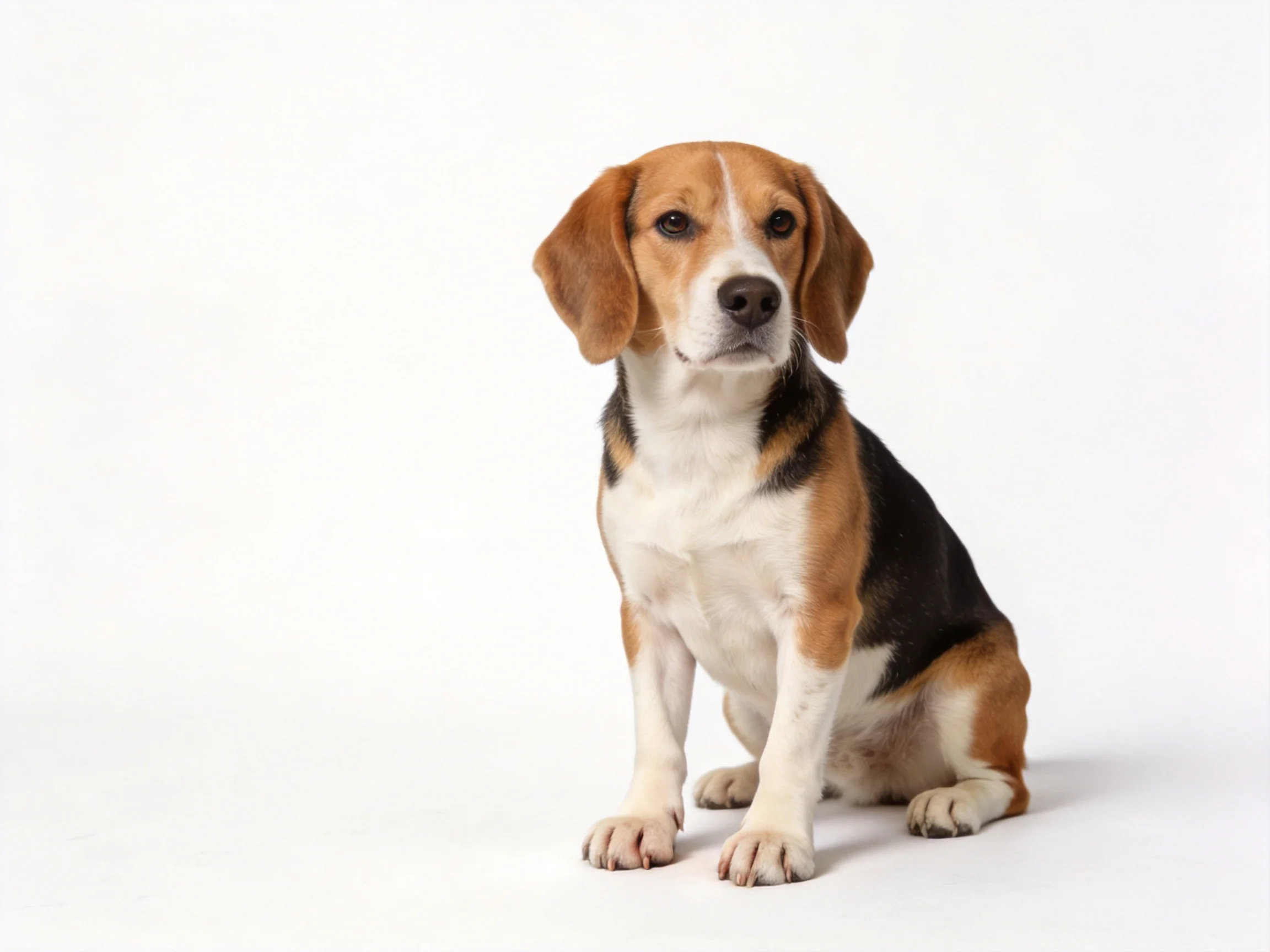 A tricolor beagle puppy sits calmly on a white surface.