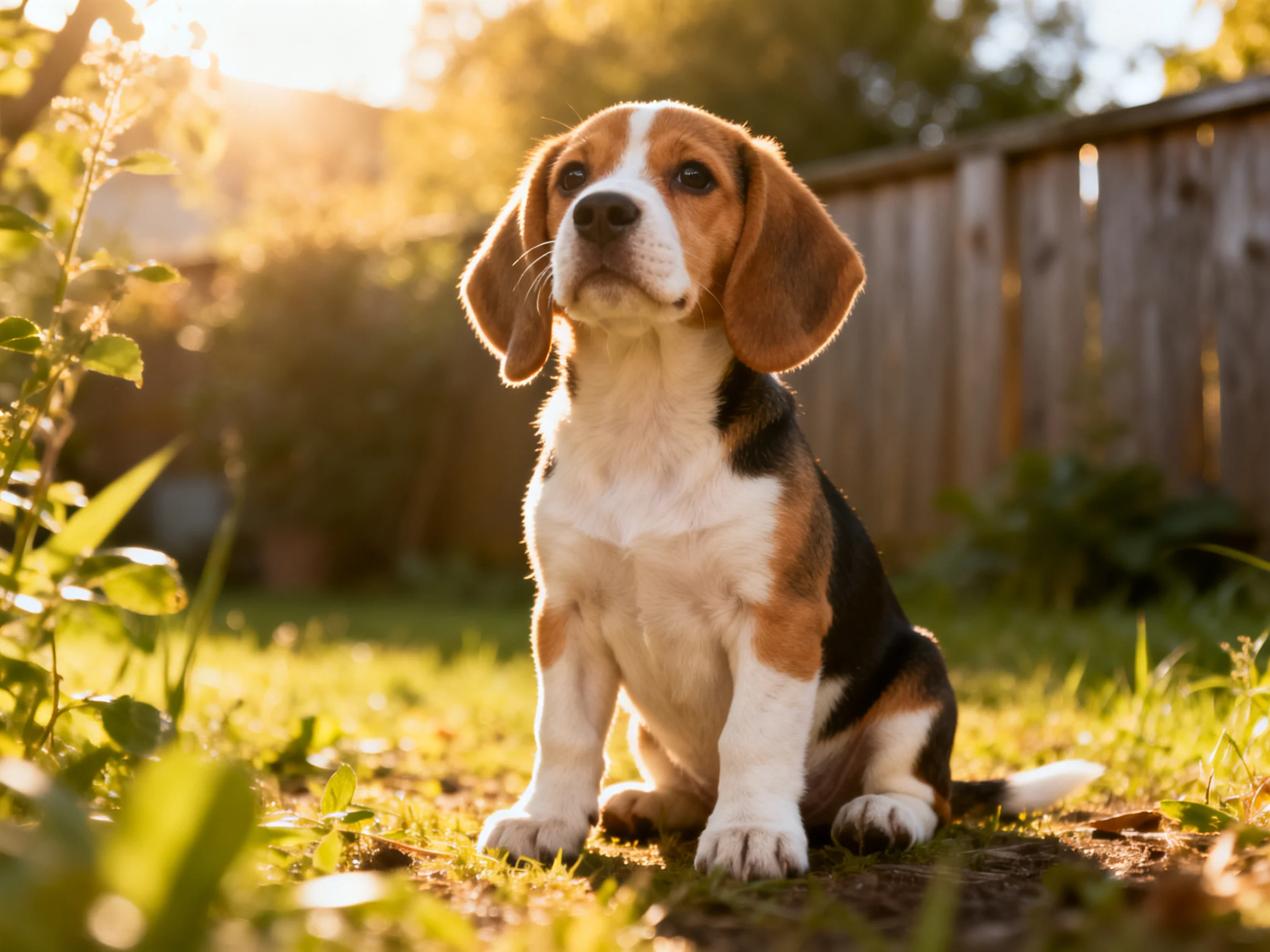 A tricolor beagle puppy sitting in a sunlit backyard