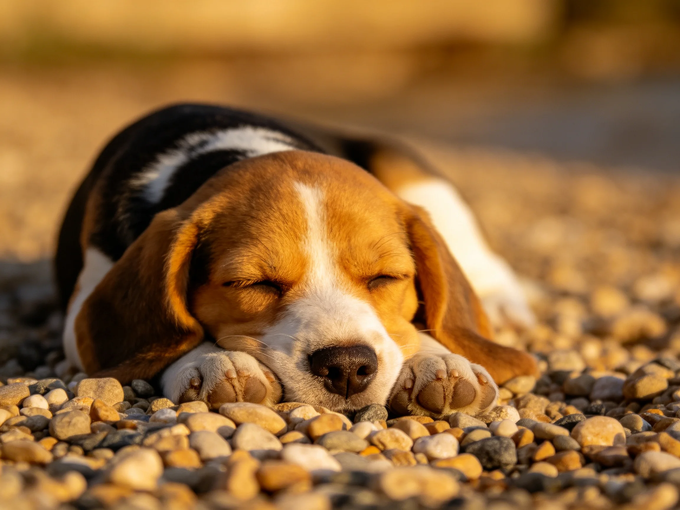 A tricolor beagle puppy sleeps on warm-toned pebbles