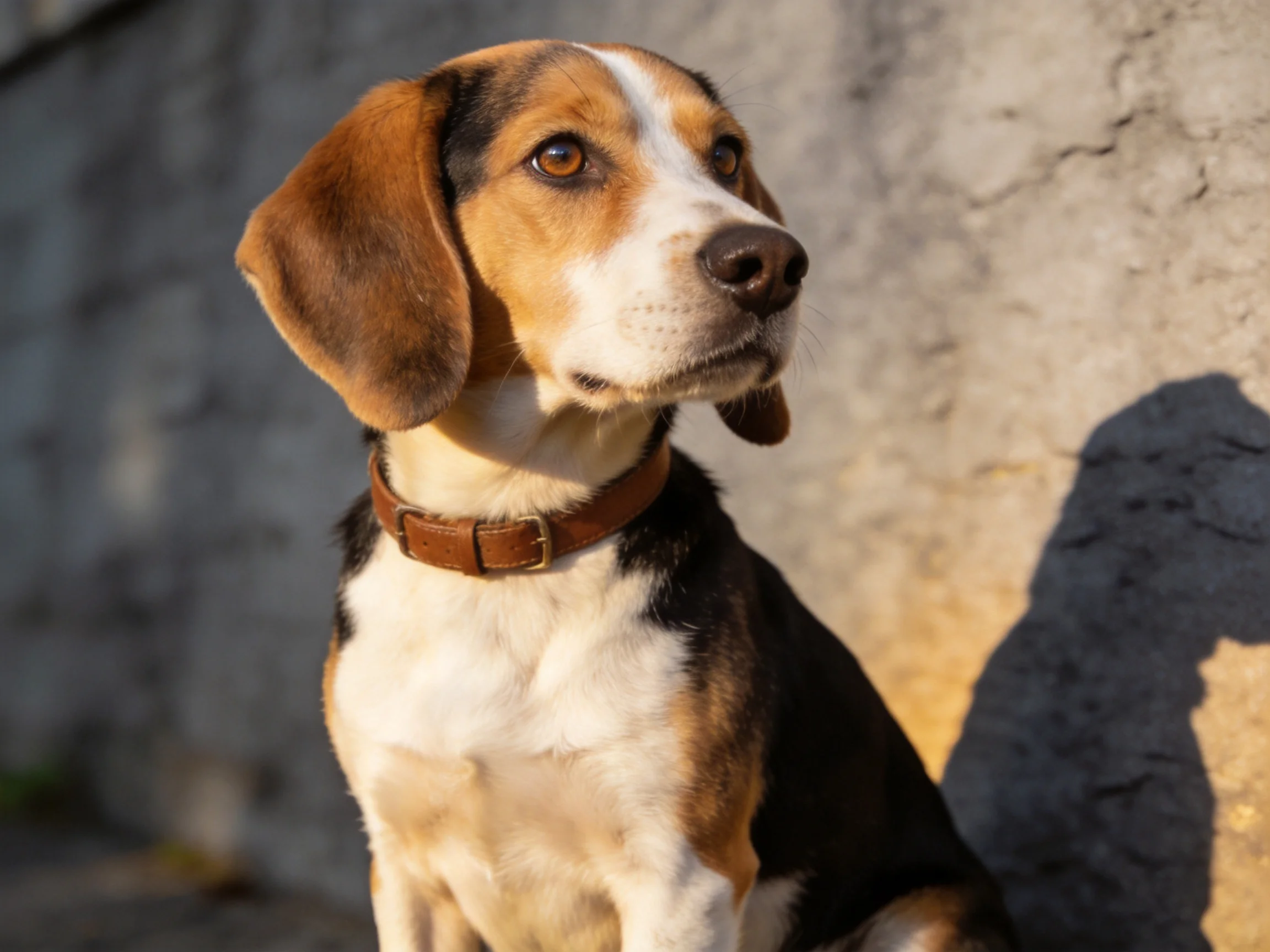 A tricolor beagle puppy sits calmly by a textured stone wall under warm sunlight.
