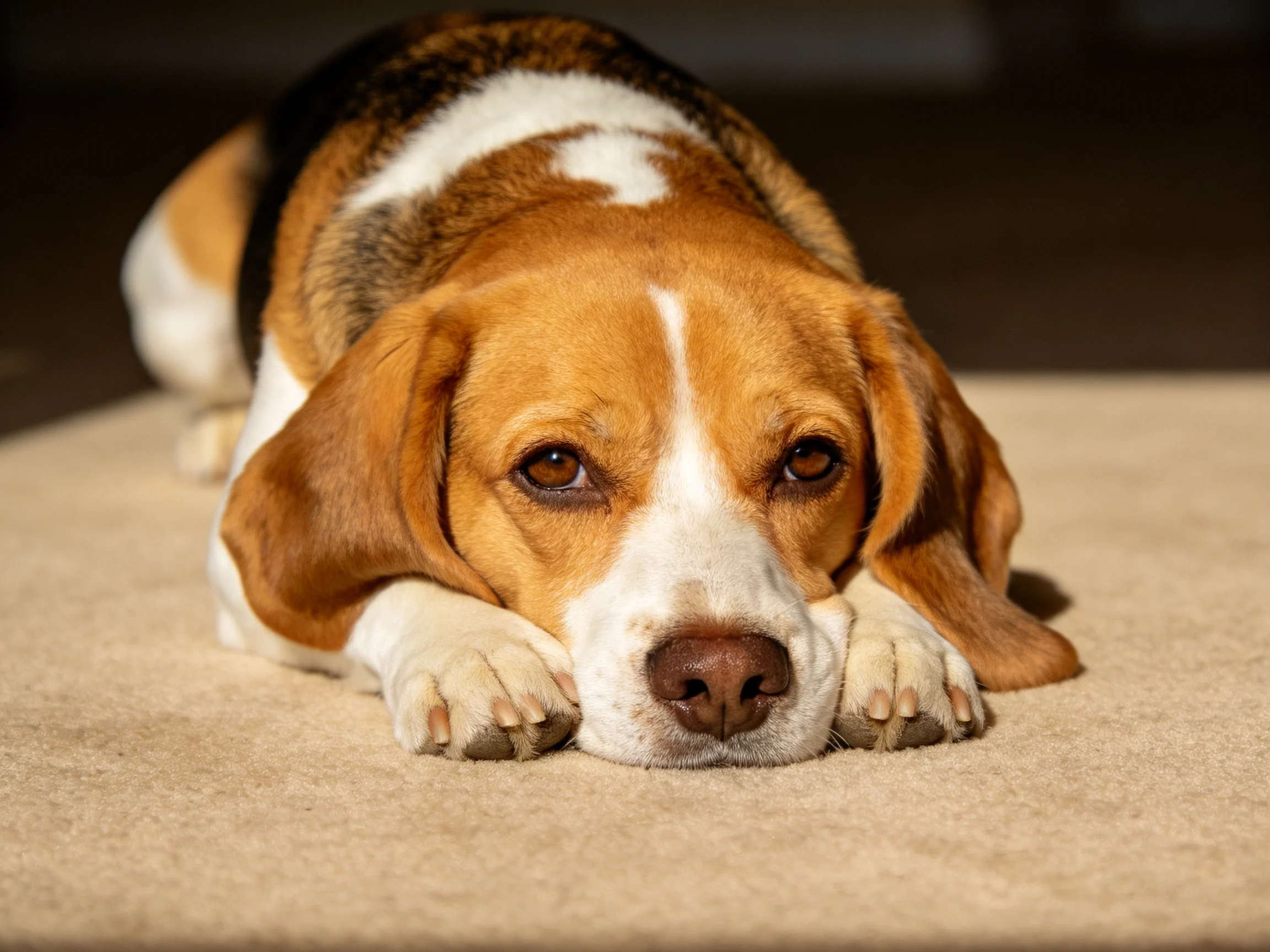 A tricolor beagle rests on a plush beige carpet with warm lighting
