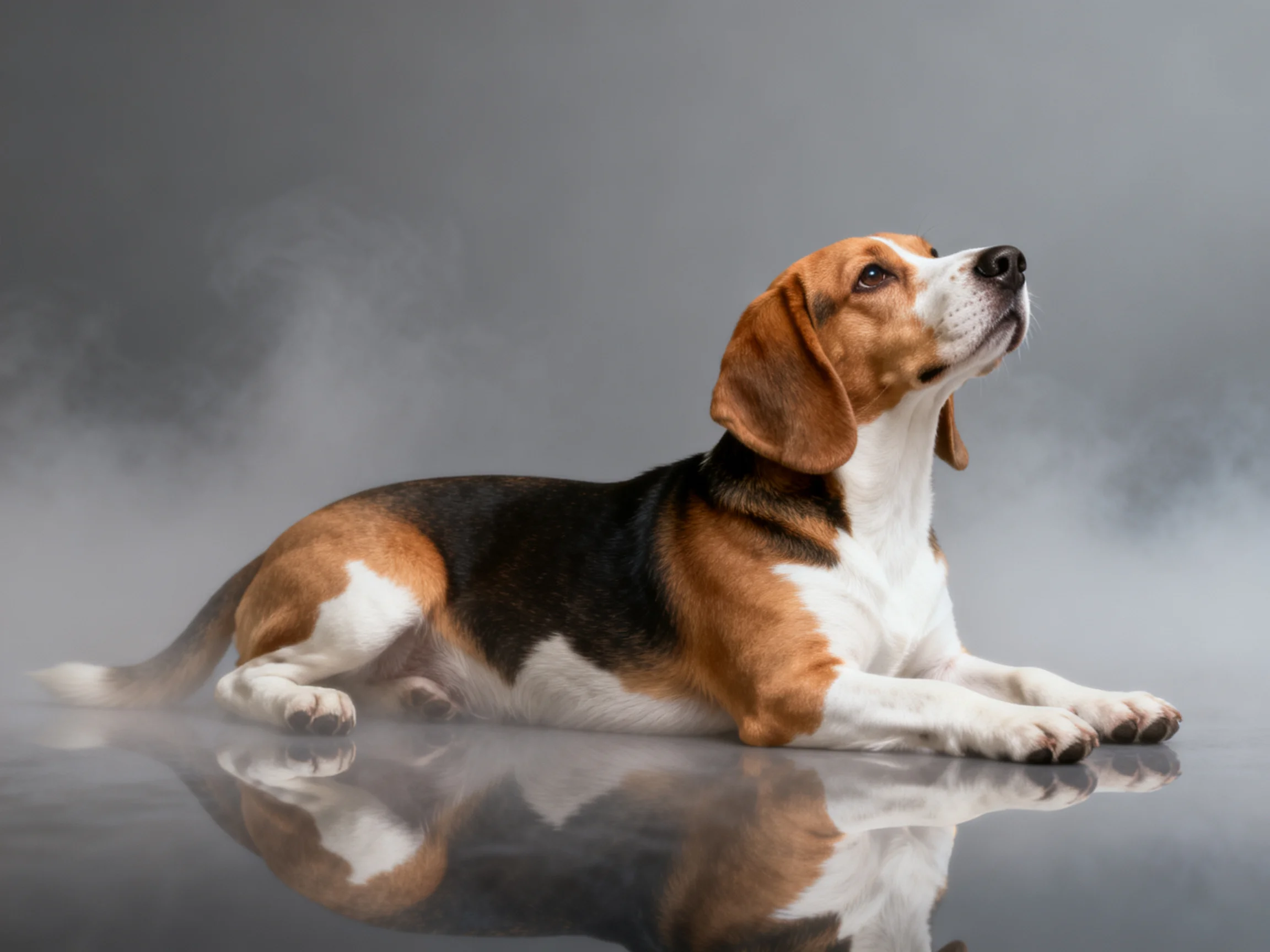 A tricolor beagle lies calmly on a reflective surface with misty surroundings.
