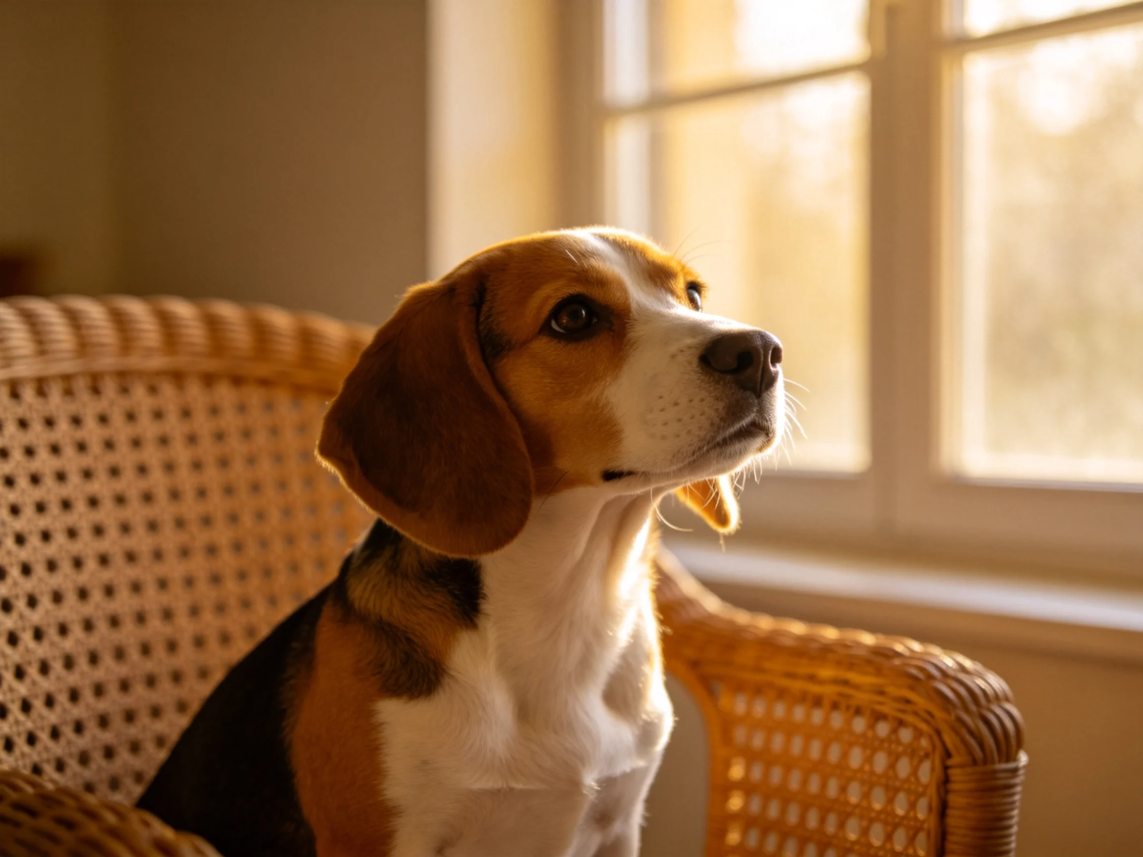 A tricolor beagle rests on a wicker chair beside a sunlit window