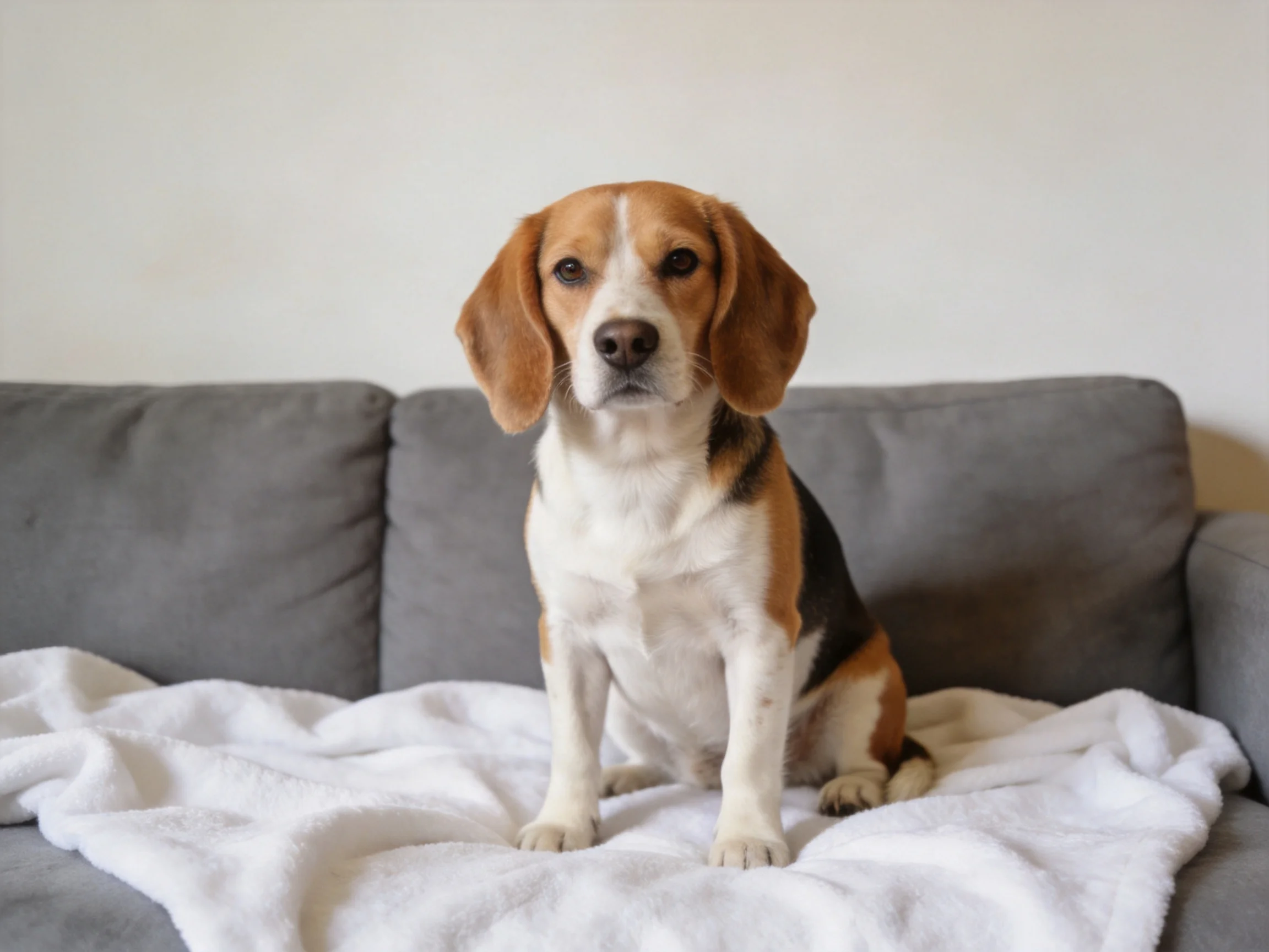 A tricolor beagle sits calmly on a gray couch with a white blanket