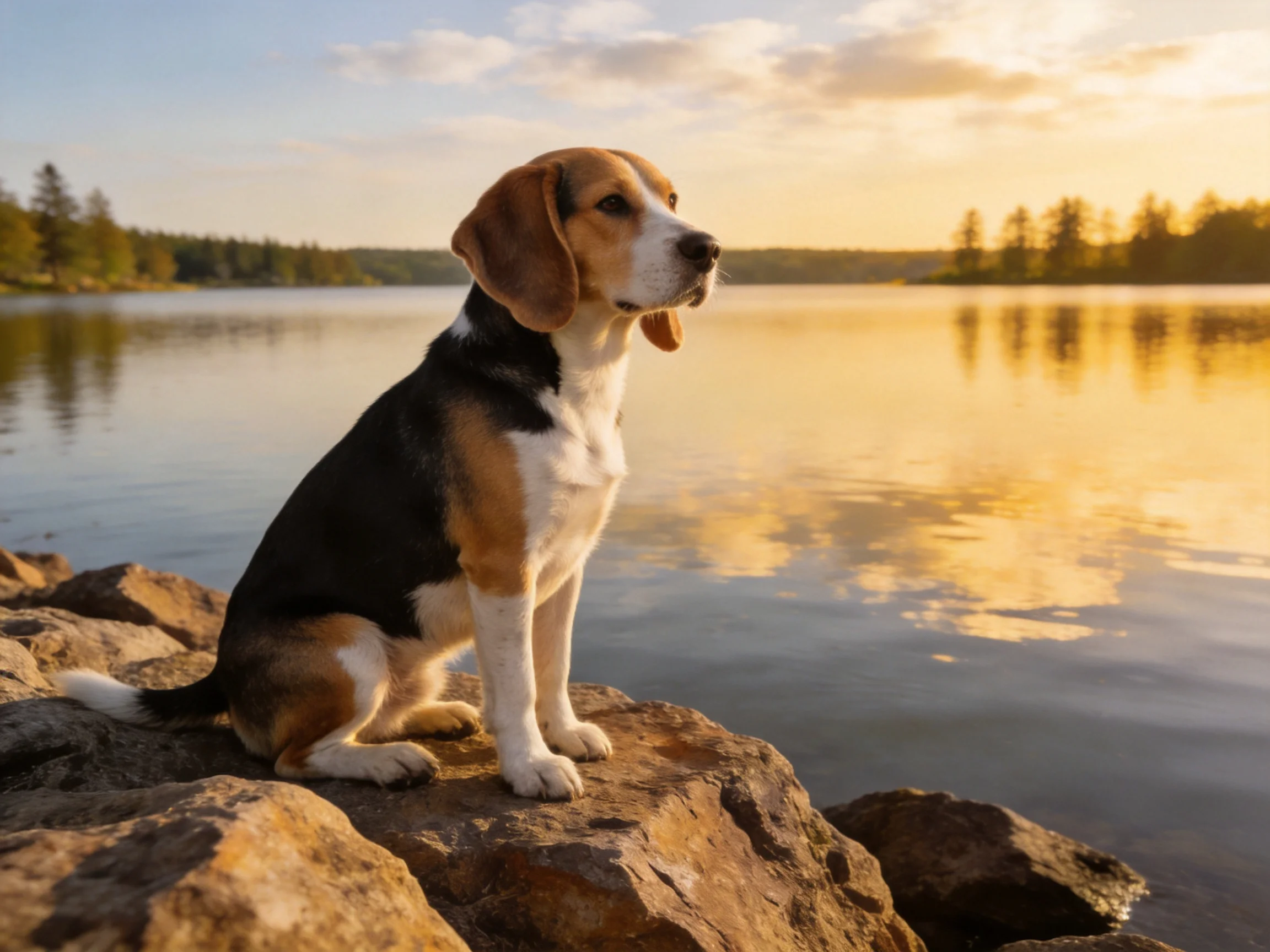 A tricolor beagle sits calmly on rocks next to a peaceful lake during sunset.