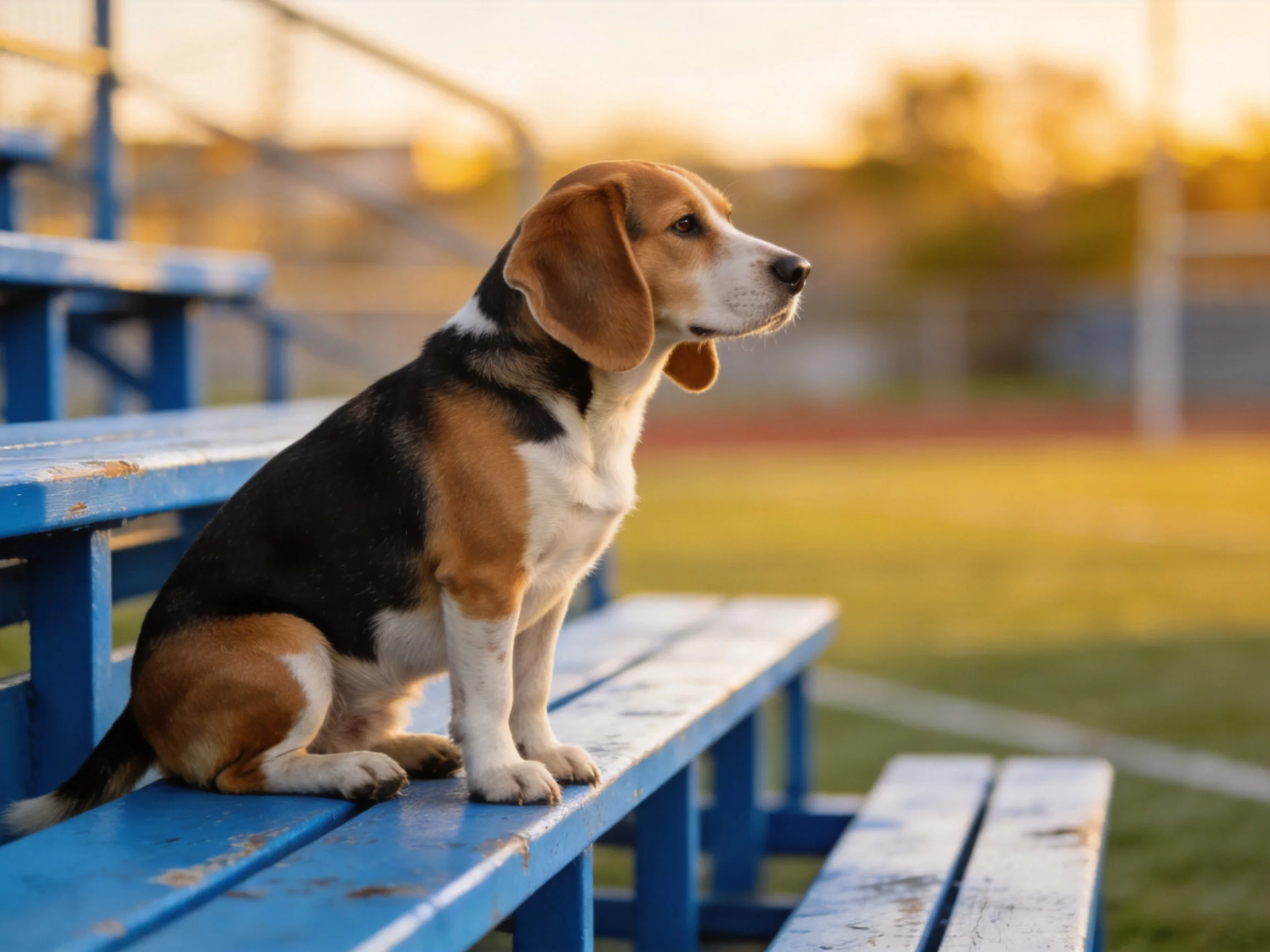A tricolor beagle sits on weathered blue bleachers near a sports field