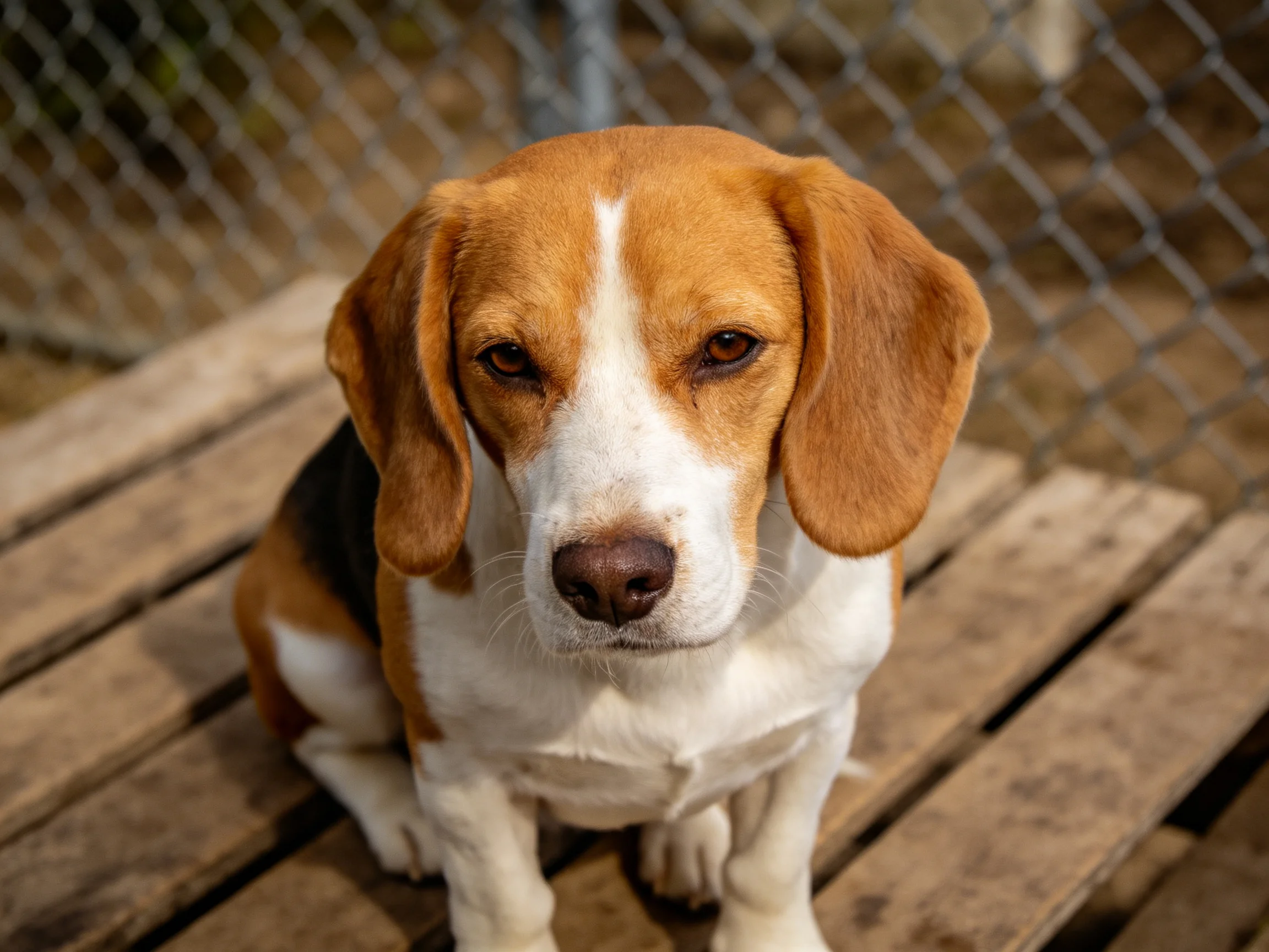 A tricolor beagle sits on weathered wood near a chain-link fence