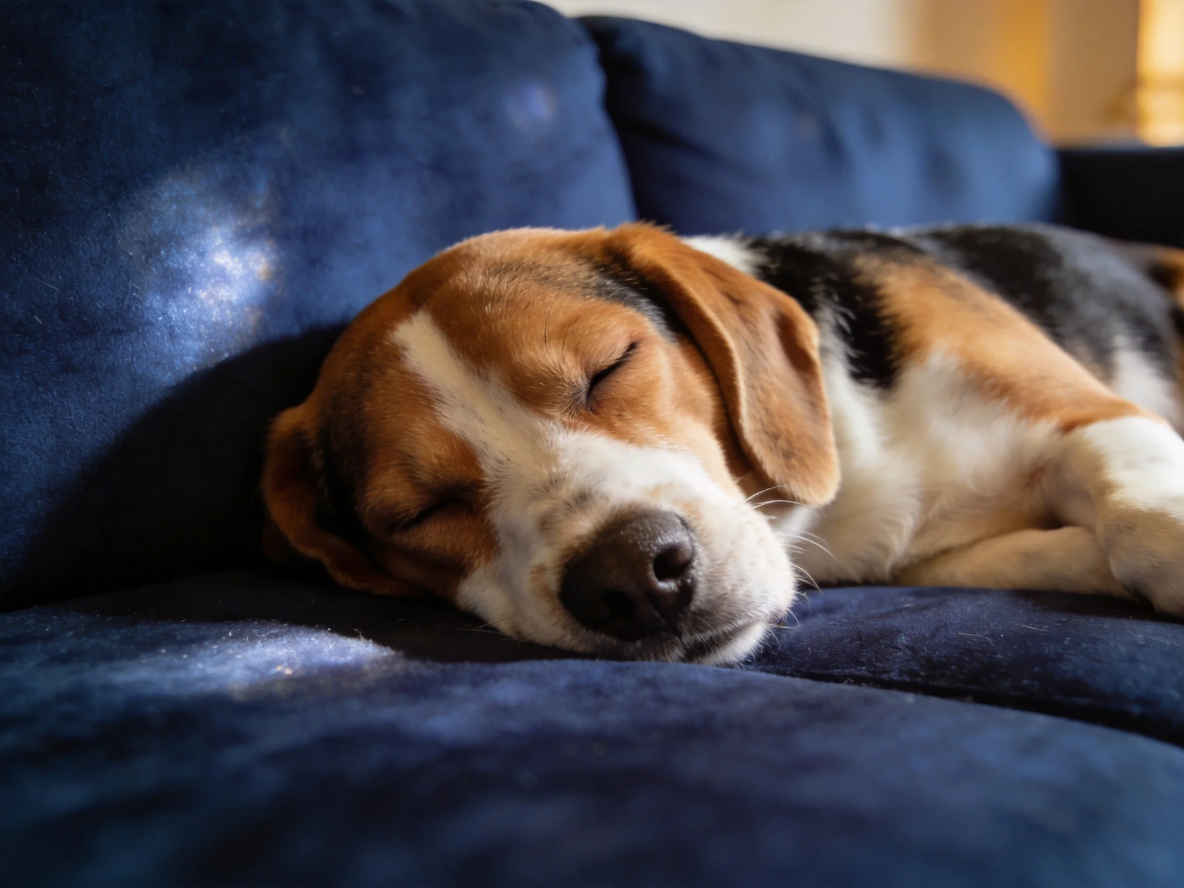 A tricolor beagle rests on a dark blue couch