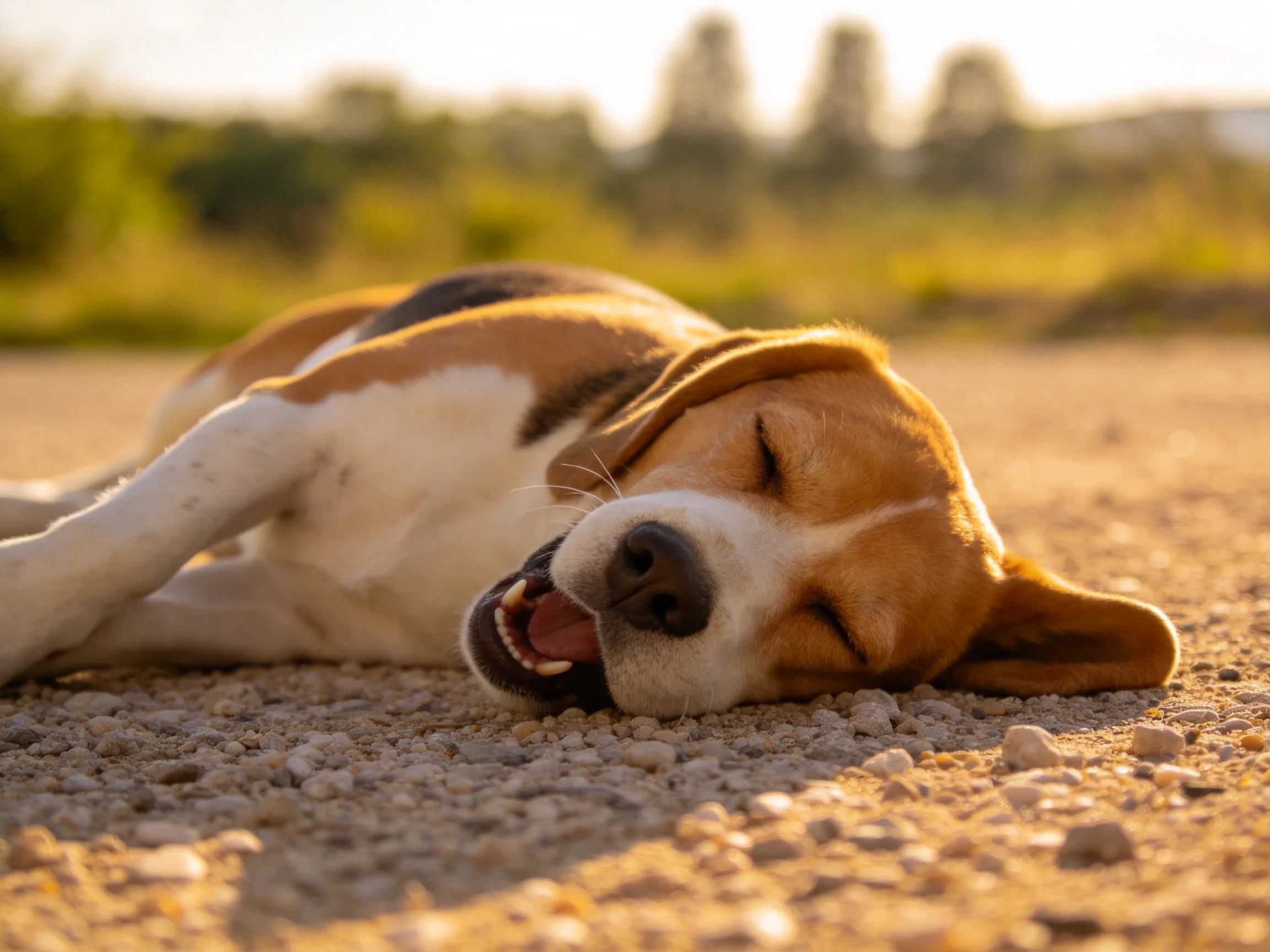 A tricolor beagle sleeps on sunlit gravel near greenery