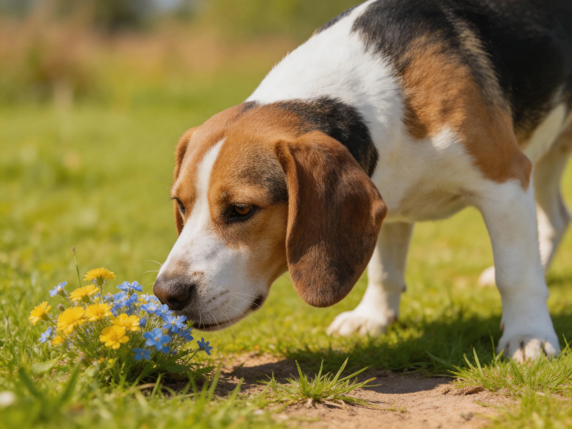 A tricolor beagle sniffs yellow and blue wildflowers in a sunny meadow