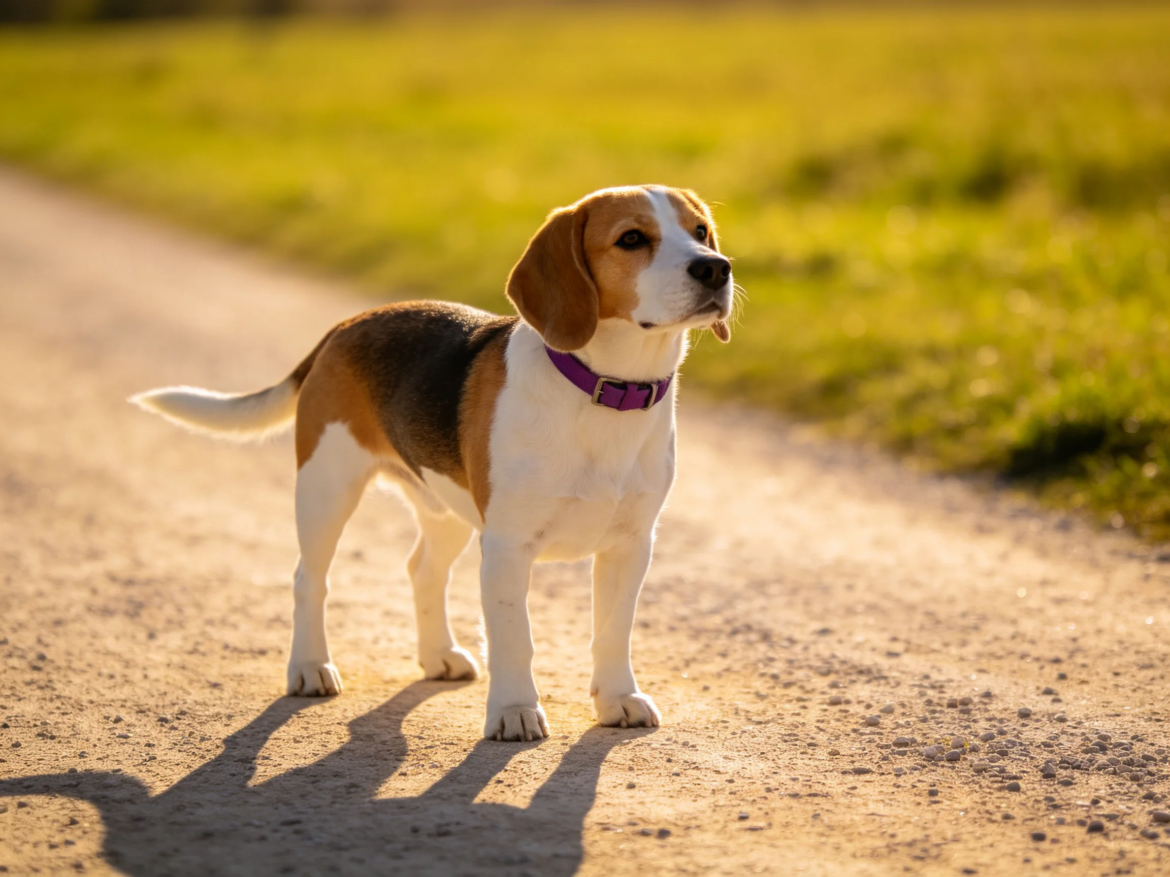 A tricolor beagle stands alert on a sunlit dirt path