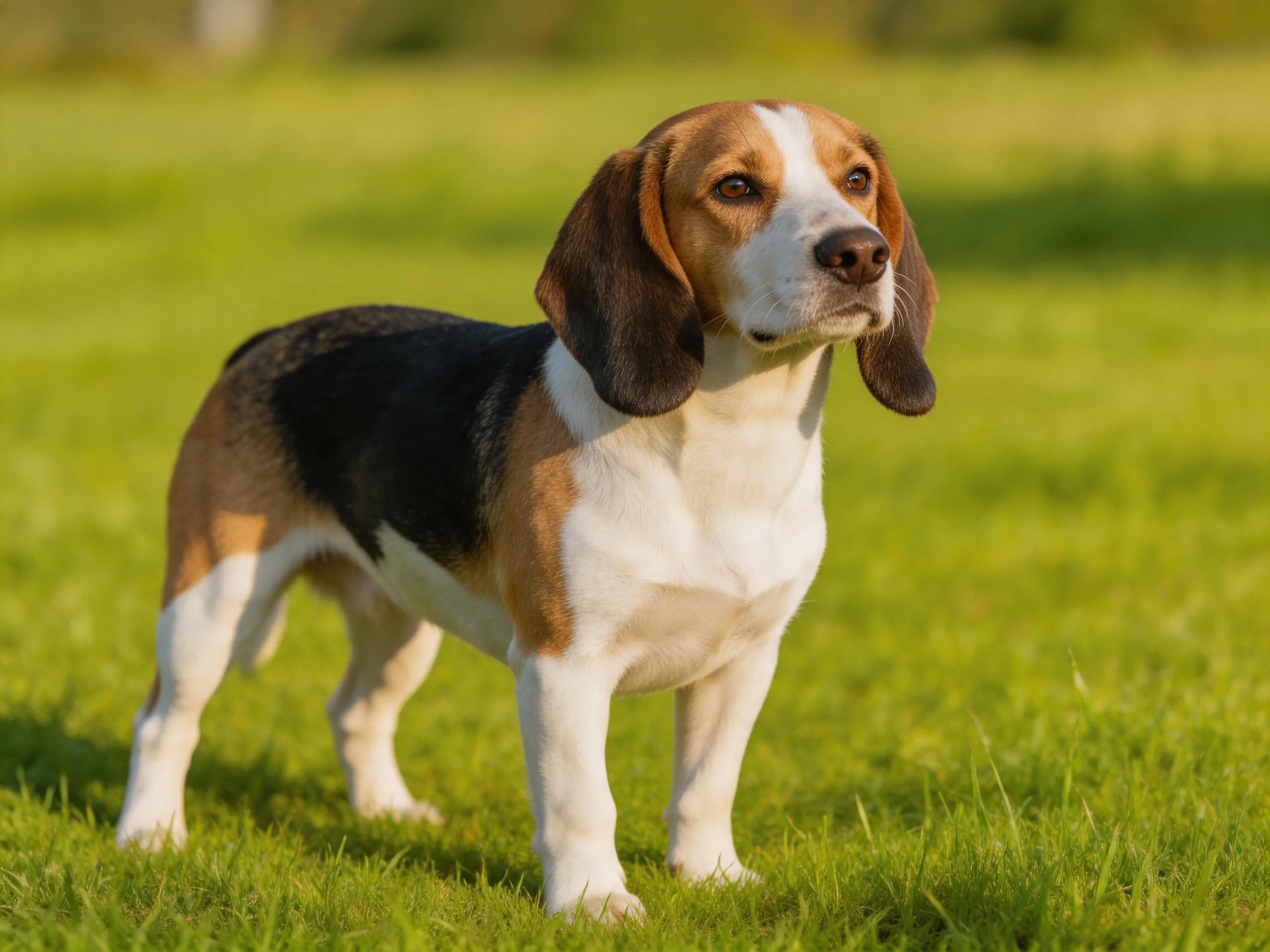 A tricolor beagle stands alert on lush green grass