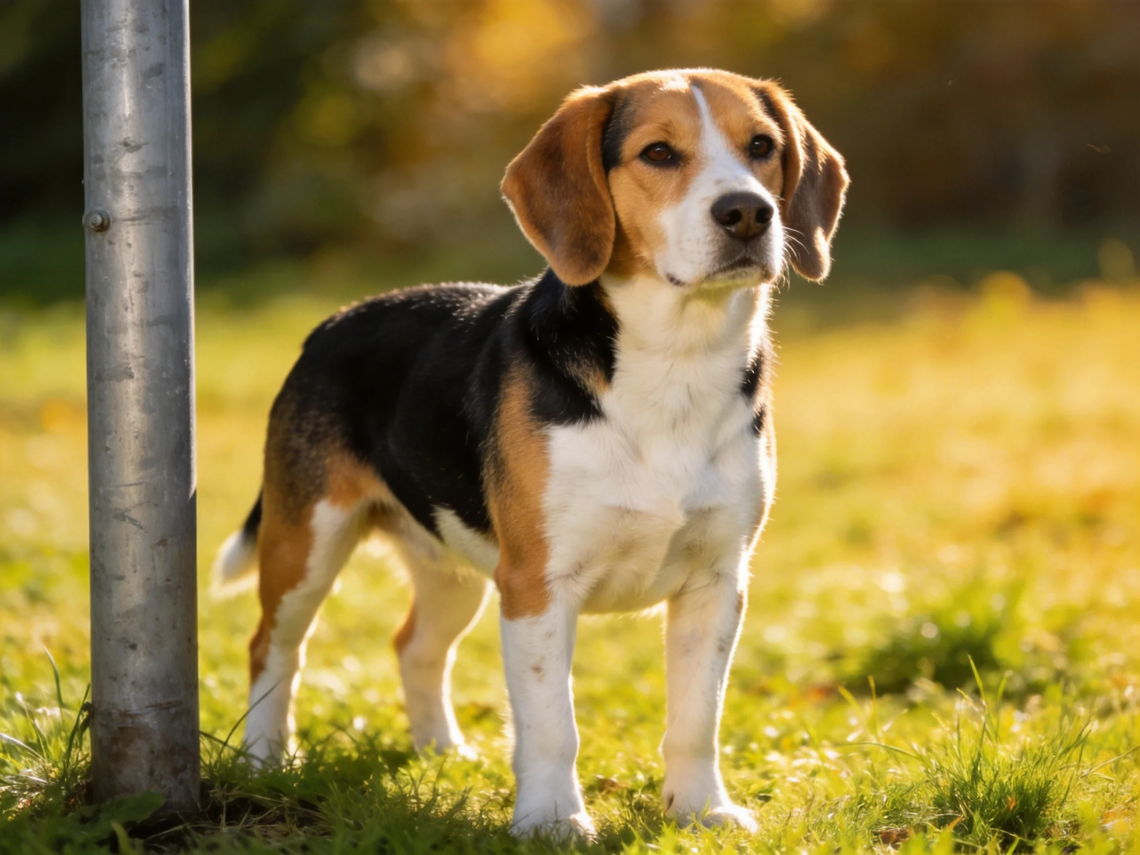 A tricolor beagle stands near a metal pole in a sunlit grassy area.