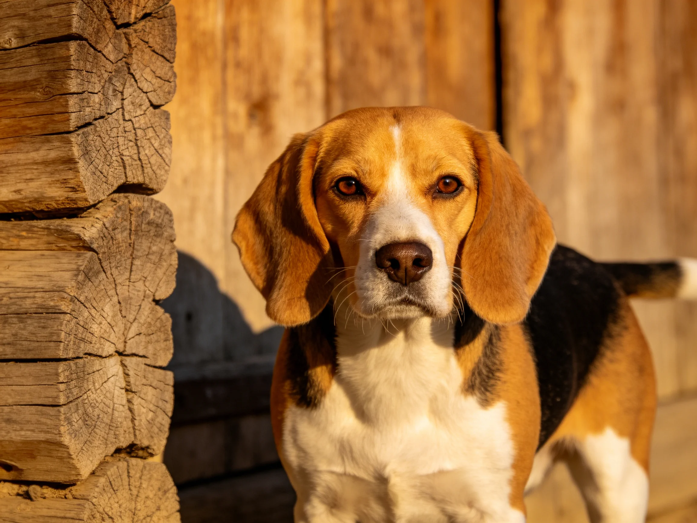 A tricolor beagle stands near a rustic wooden log wall