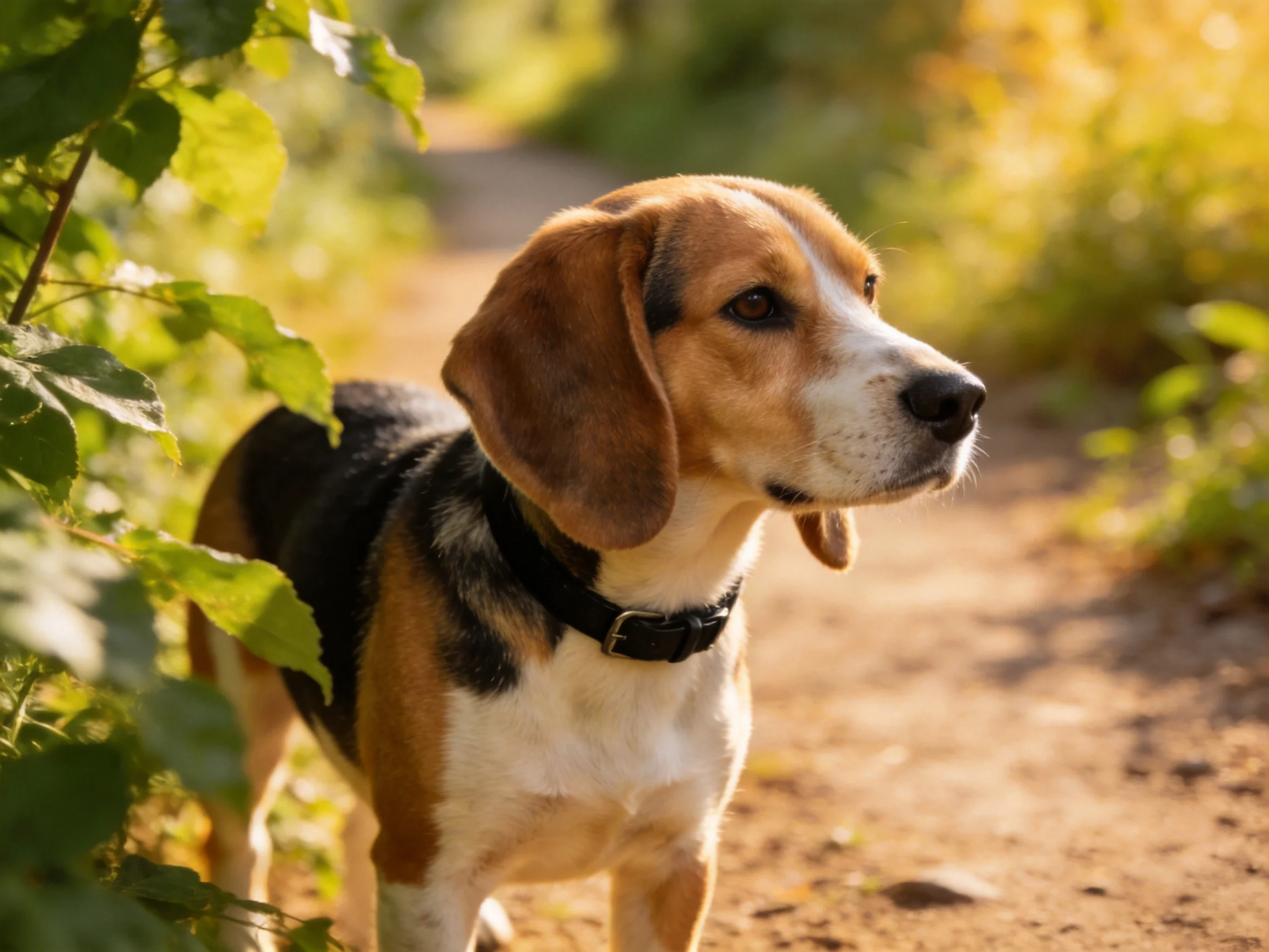 A tricolor beagle explores a sunlit outdoor area with greenery nearby.
