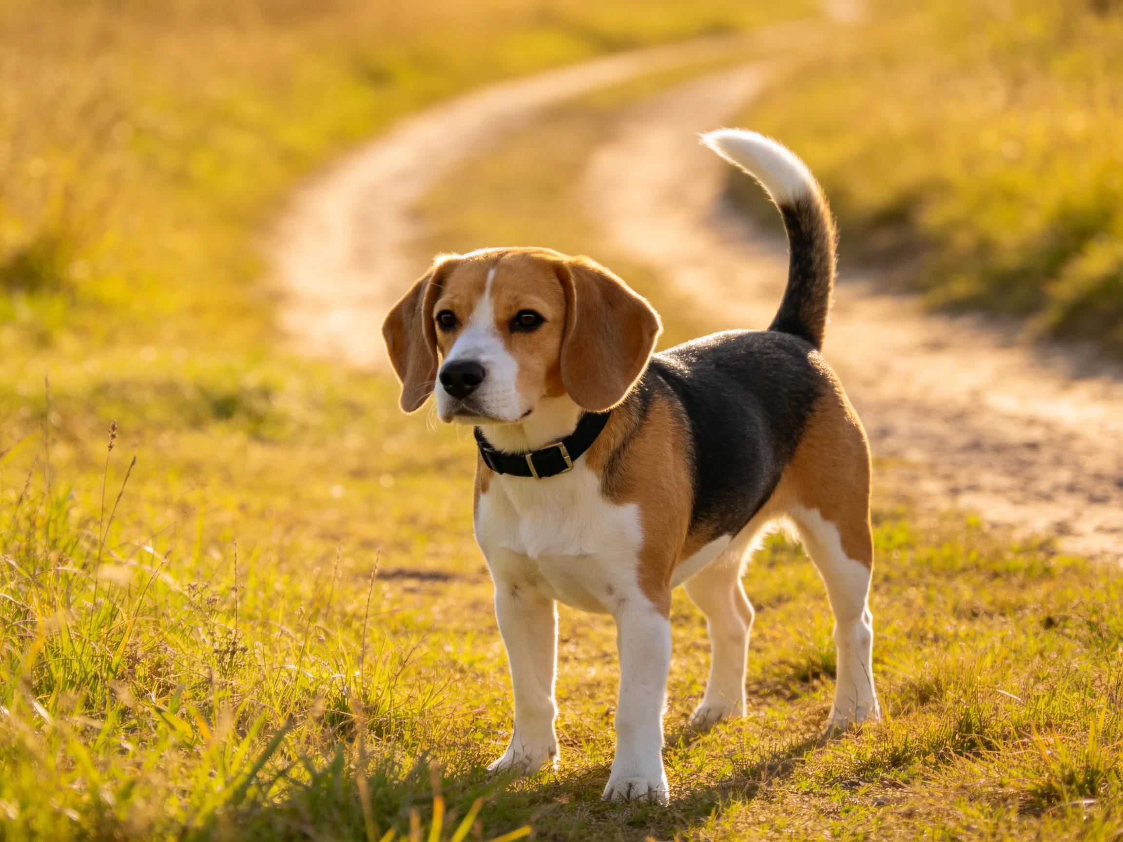 A tricolor beagle stands on a sunlit dirt path with golden grass