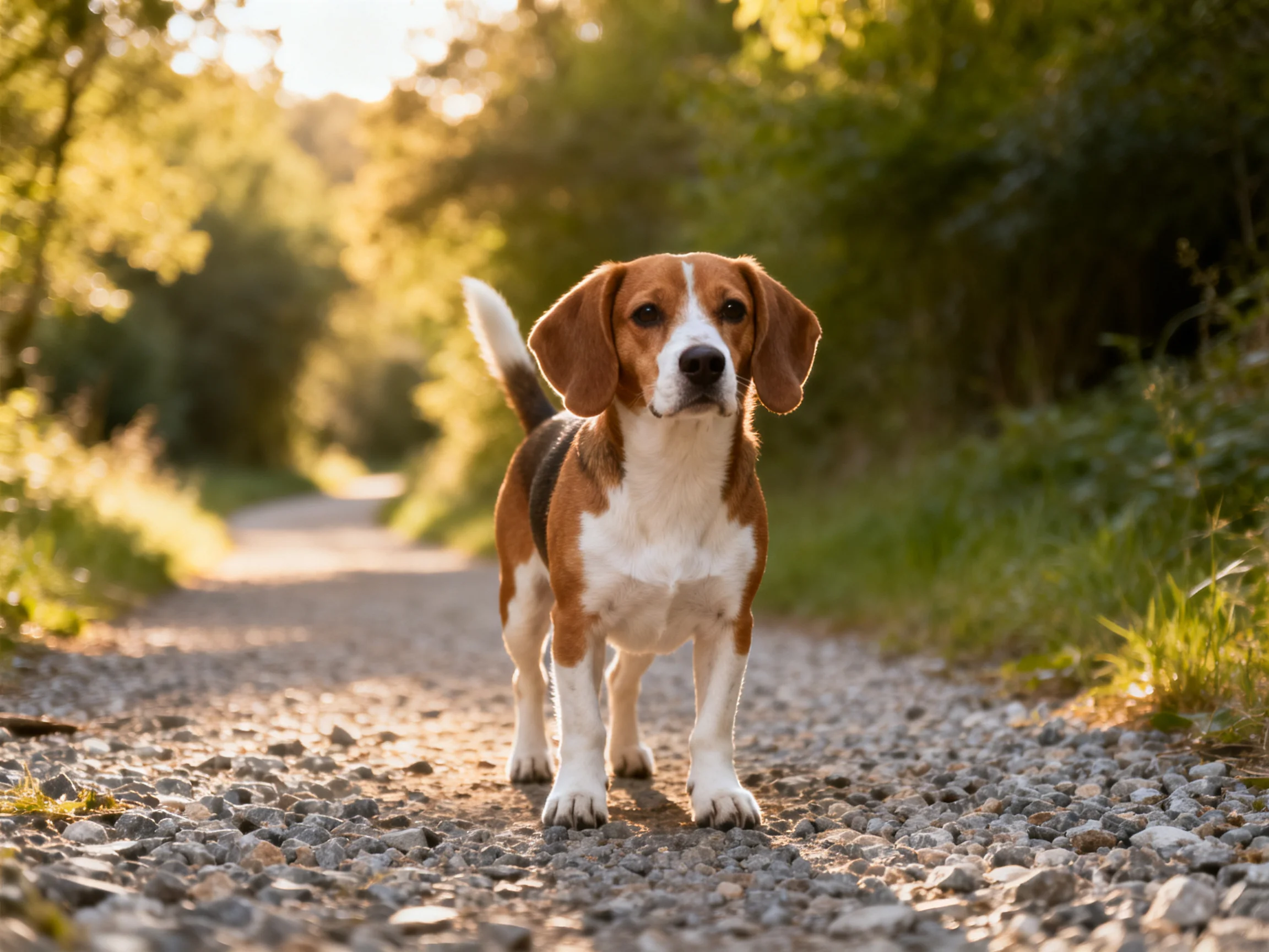 A tricolor beagle stands on a sunlit gravel path surrounded by lush greenery
