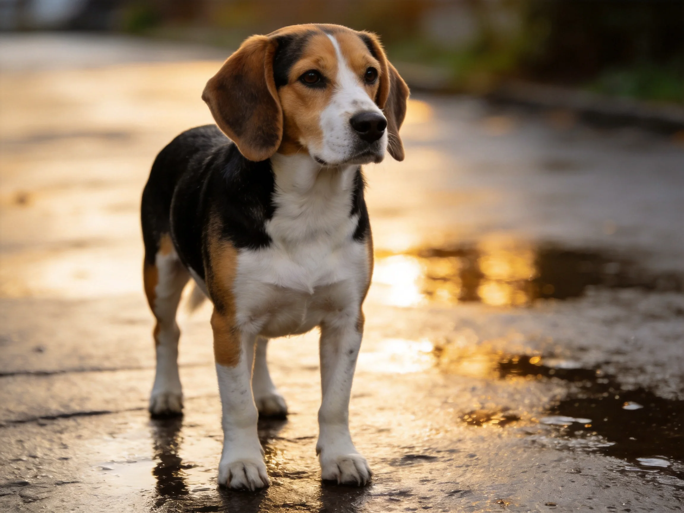 A tricolor beagle stands on a wet pavement with golden sunset reflections