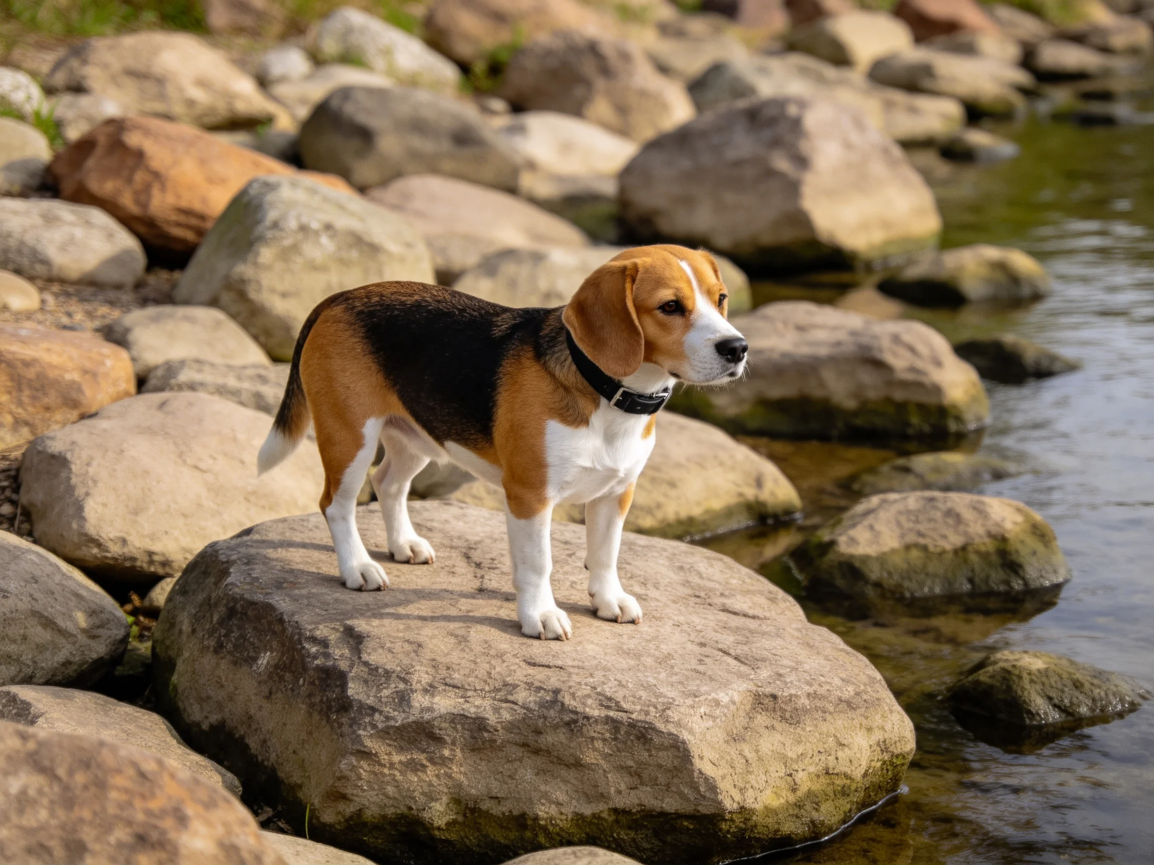 A tricolor beagle stands on large rocks beside calm water