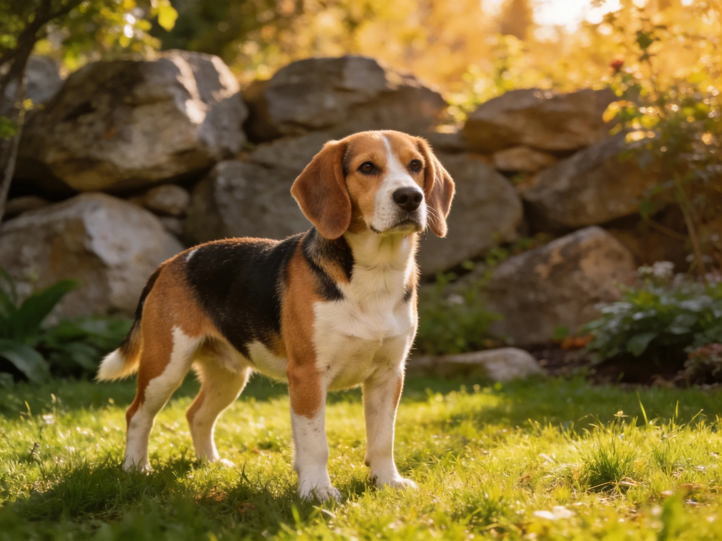 A tricolor beagle stands on lush green grass near large gray rocks