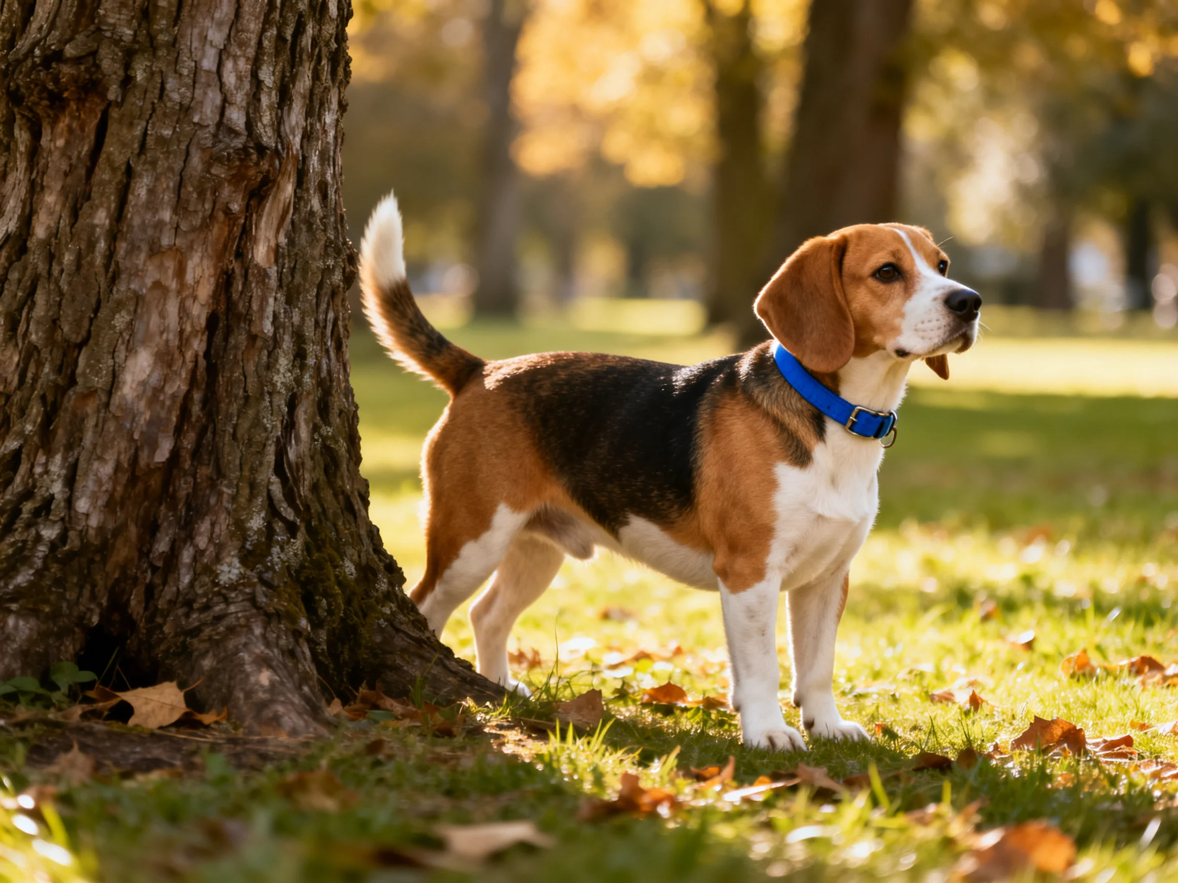 A tricolor beagle with a blue collar stands by a large tree in a sunlit park